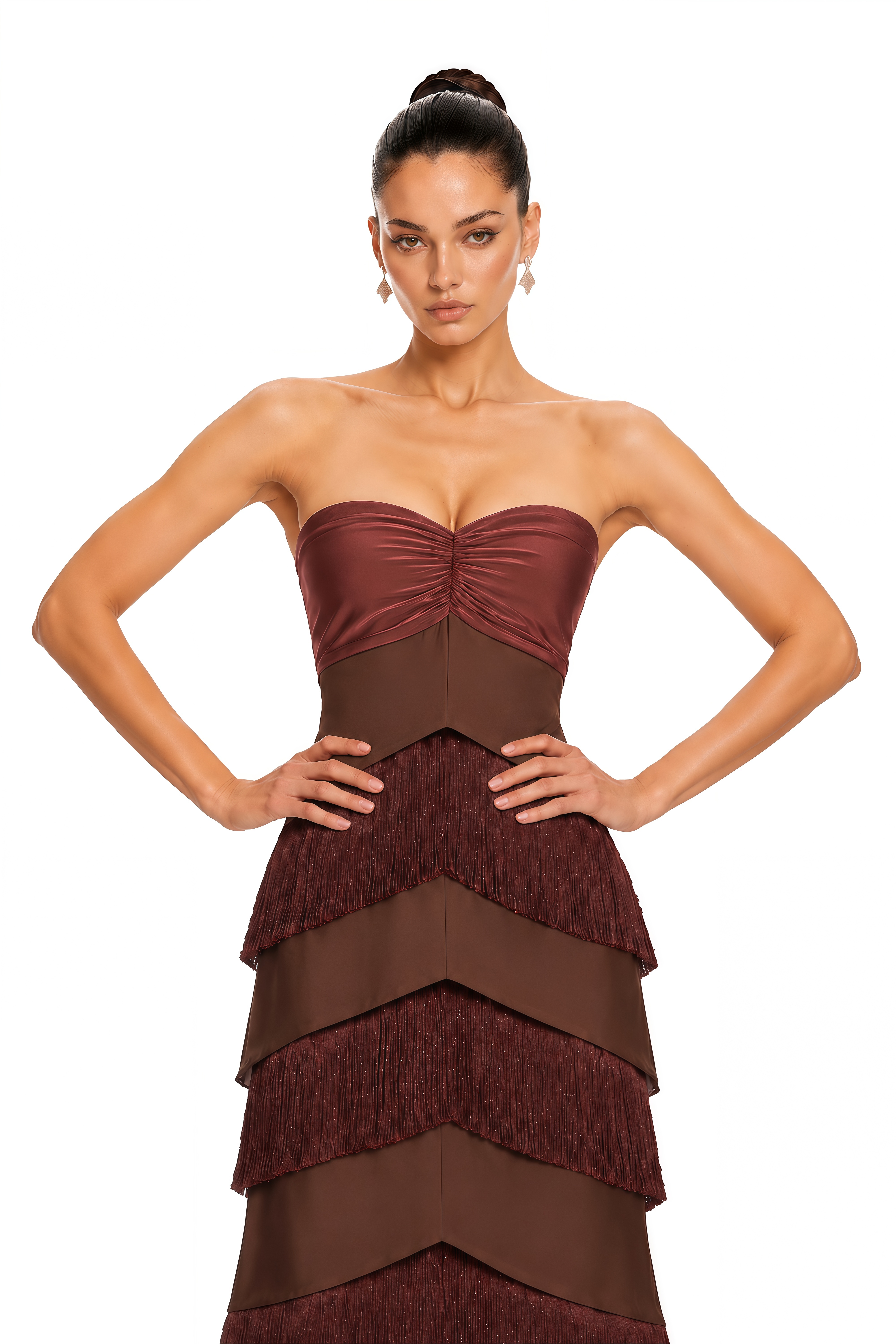 Eesha Brown Strapless Fringe Tiered Maxi Dress