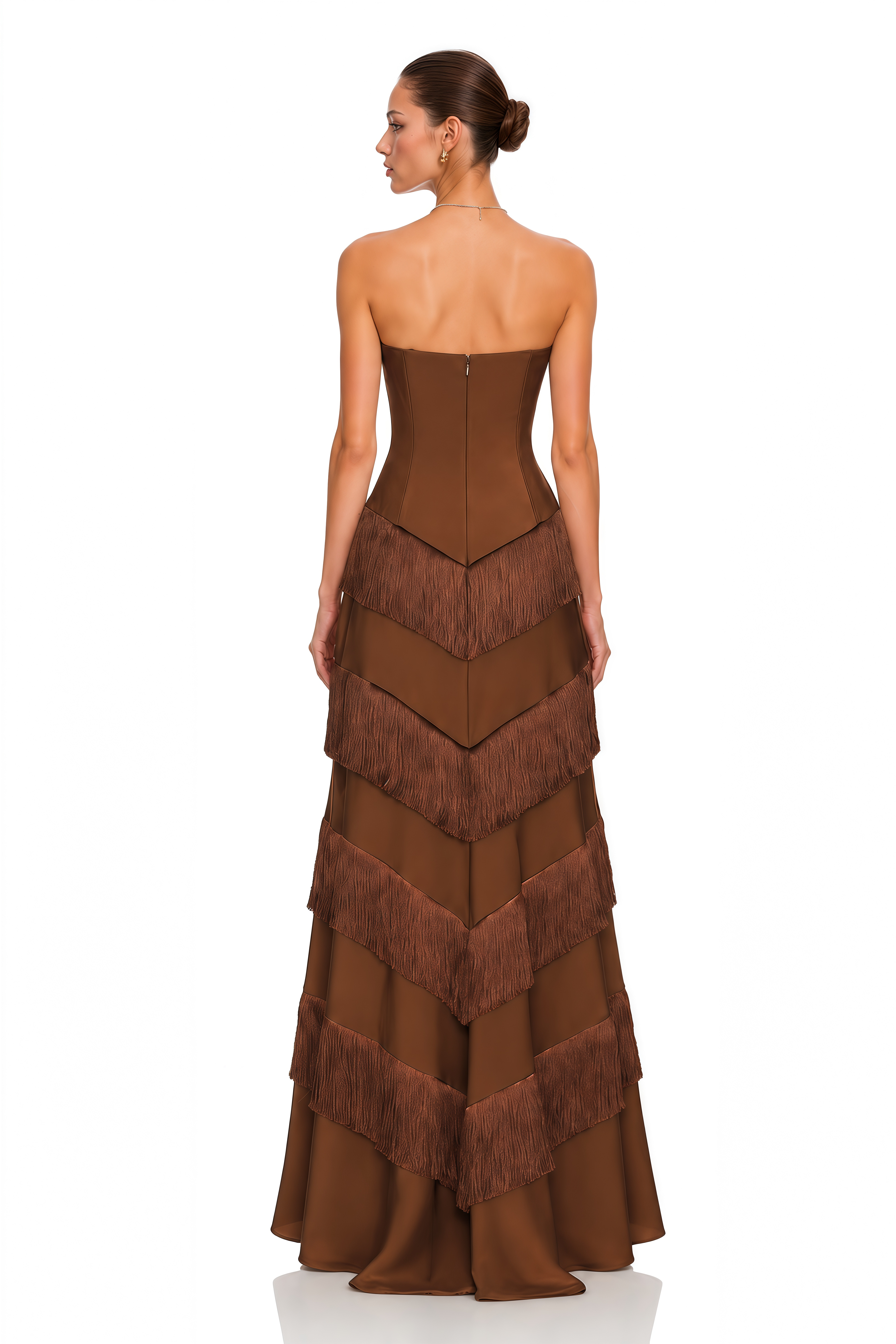 Eesha Brown Strapless Fringe Tiered Maxi Dress