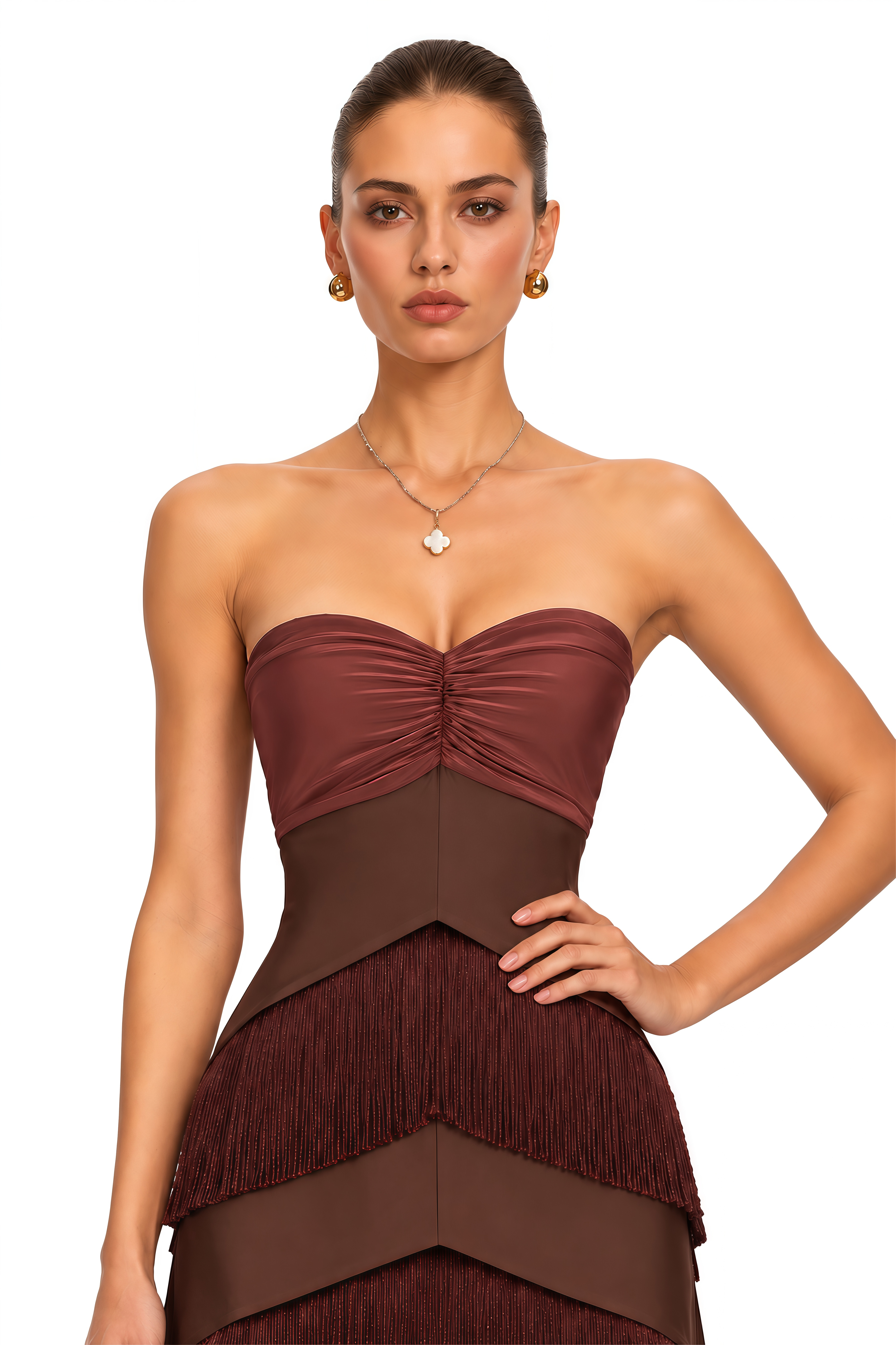 Eesha Brown Strapless Fringe Tiered Maxi Dress