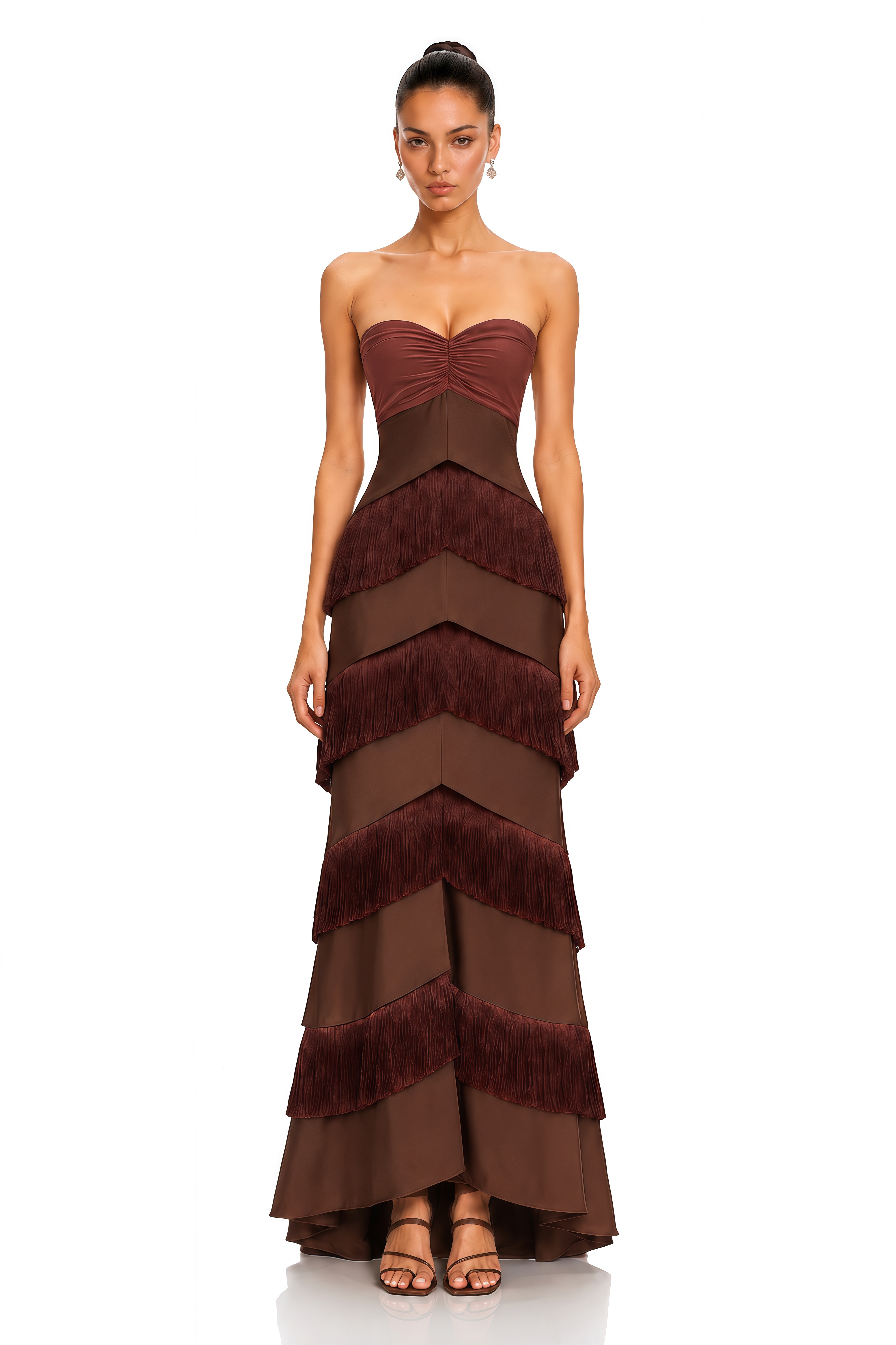 Eesha Brown Strapless Fringe Tiered Maxi Dress