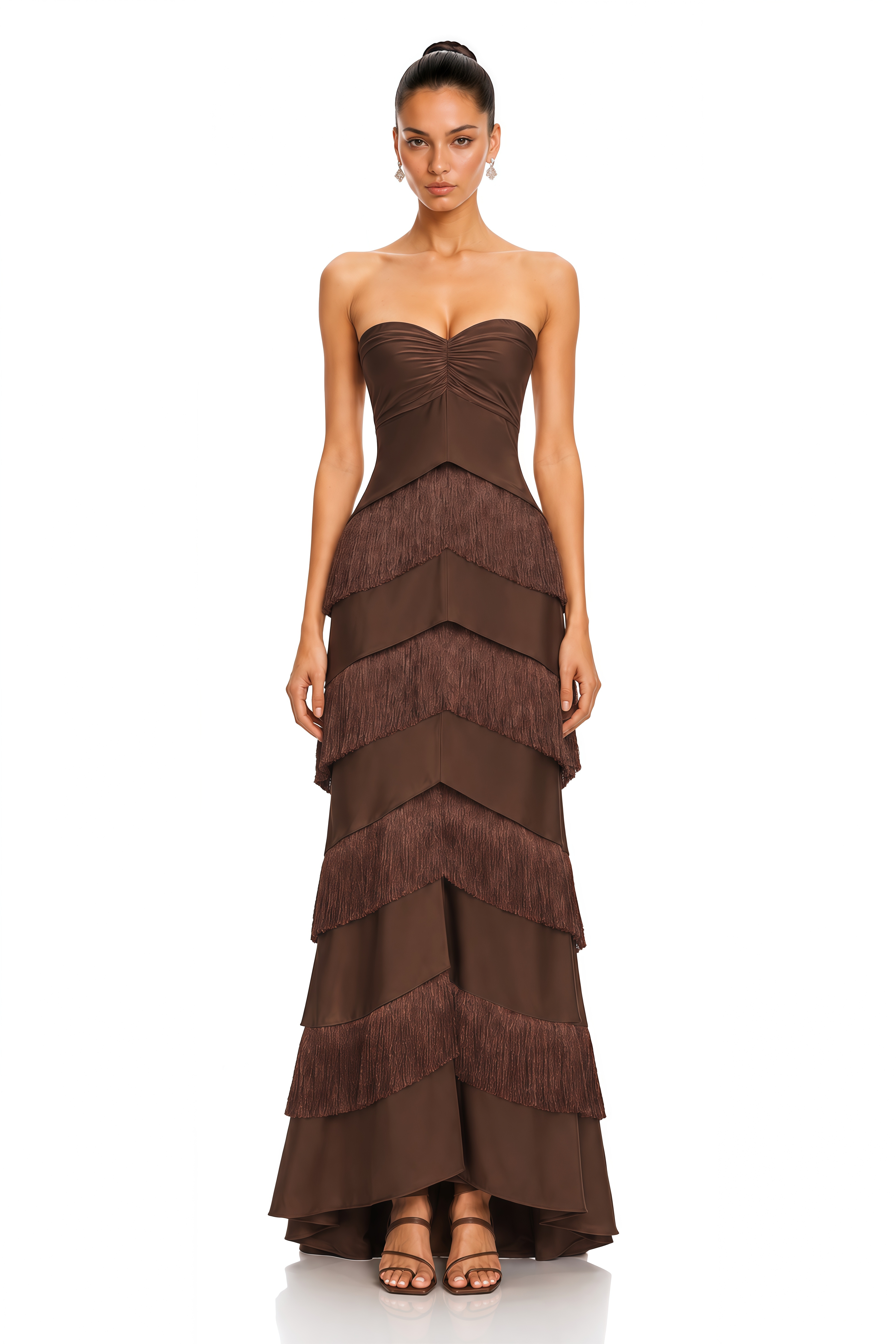 Eesha Brown Strapless Fringe Tiered Maxi Dress