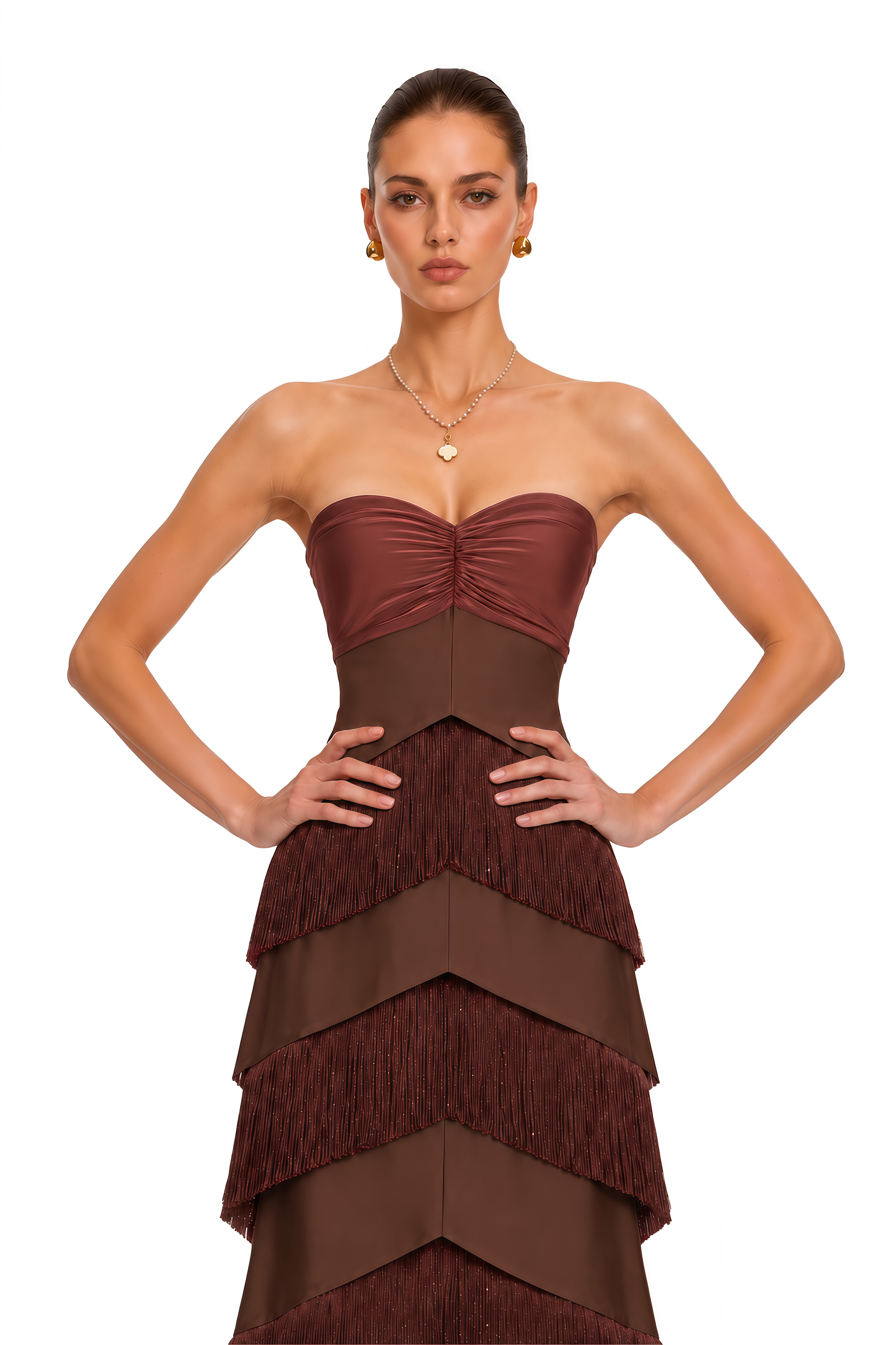 Eesha Brown Strapless Fringe Tiered Maxi Dress