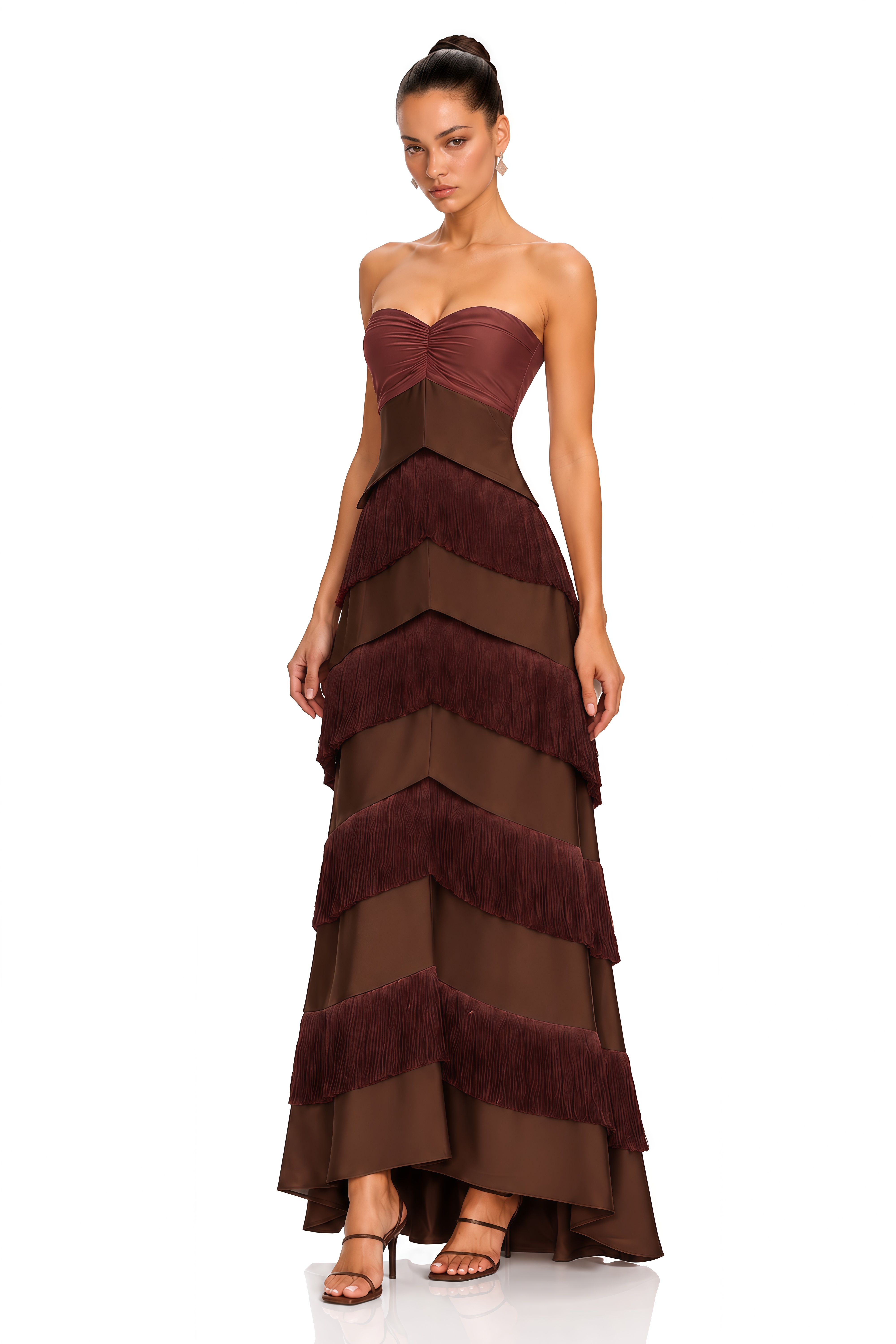 Eesha Brown Strapless Fringe Tiered Maxi Dress