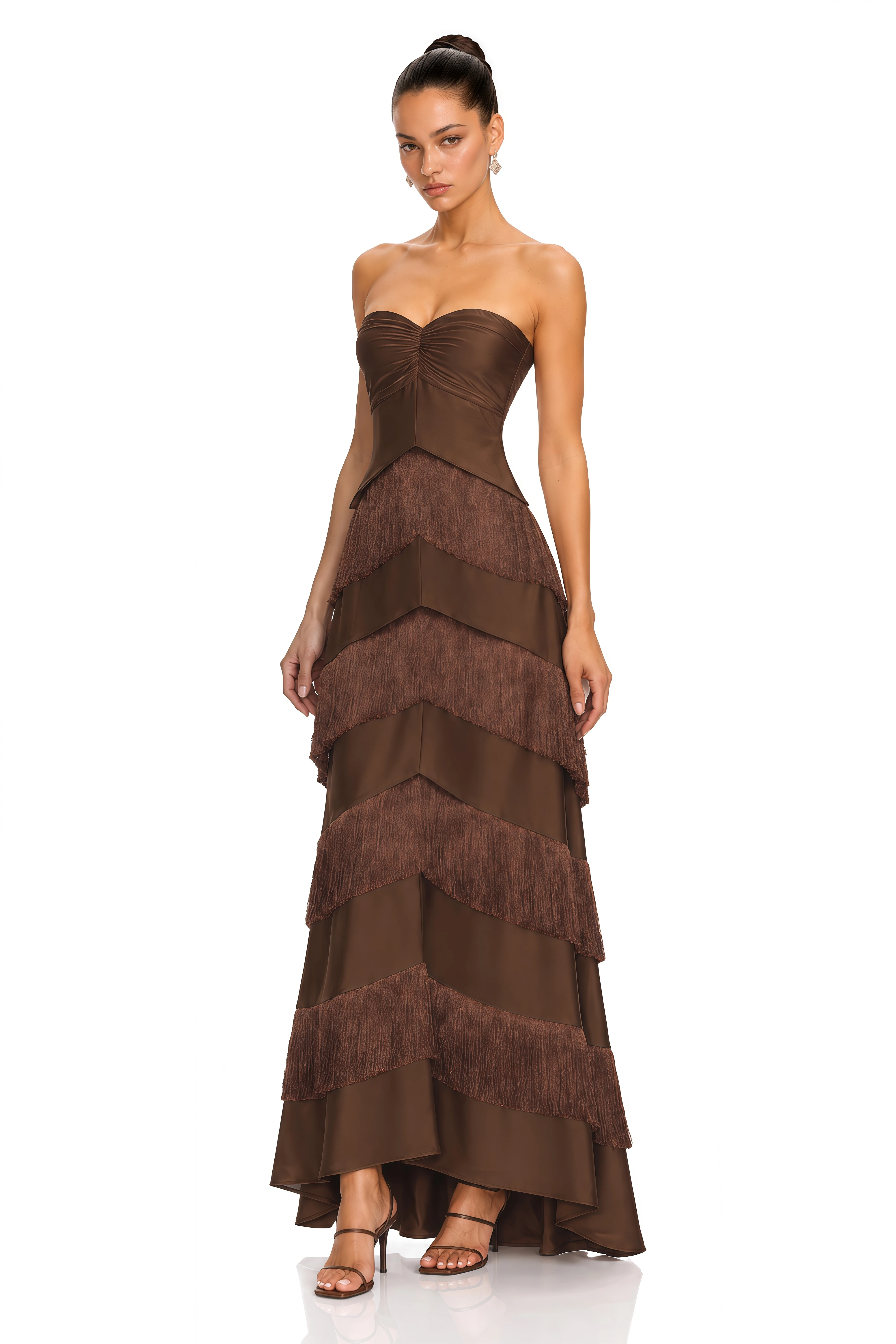 Eesha Brown Strapless Fringe Tiered Maxi Dress
