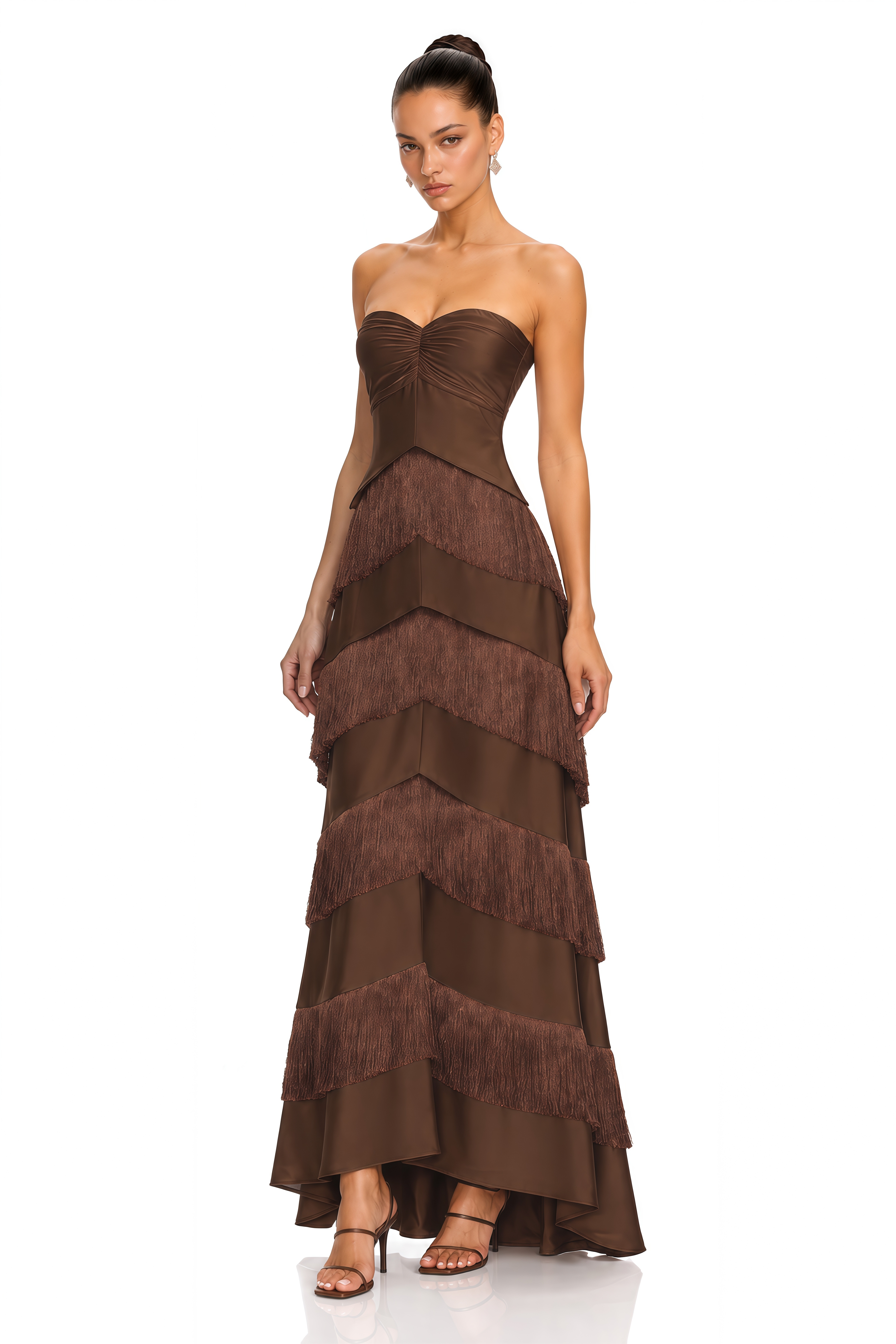 Eesha Brown Strapless Fringe Tiered Maxi Dress