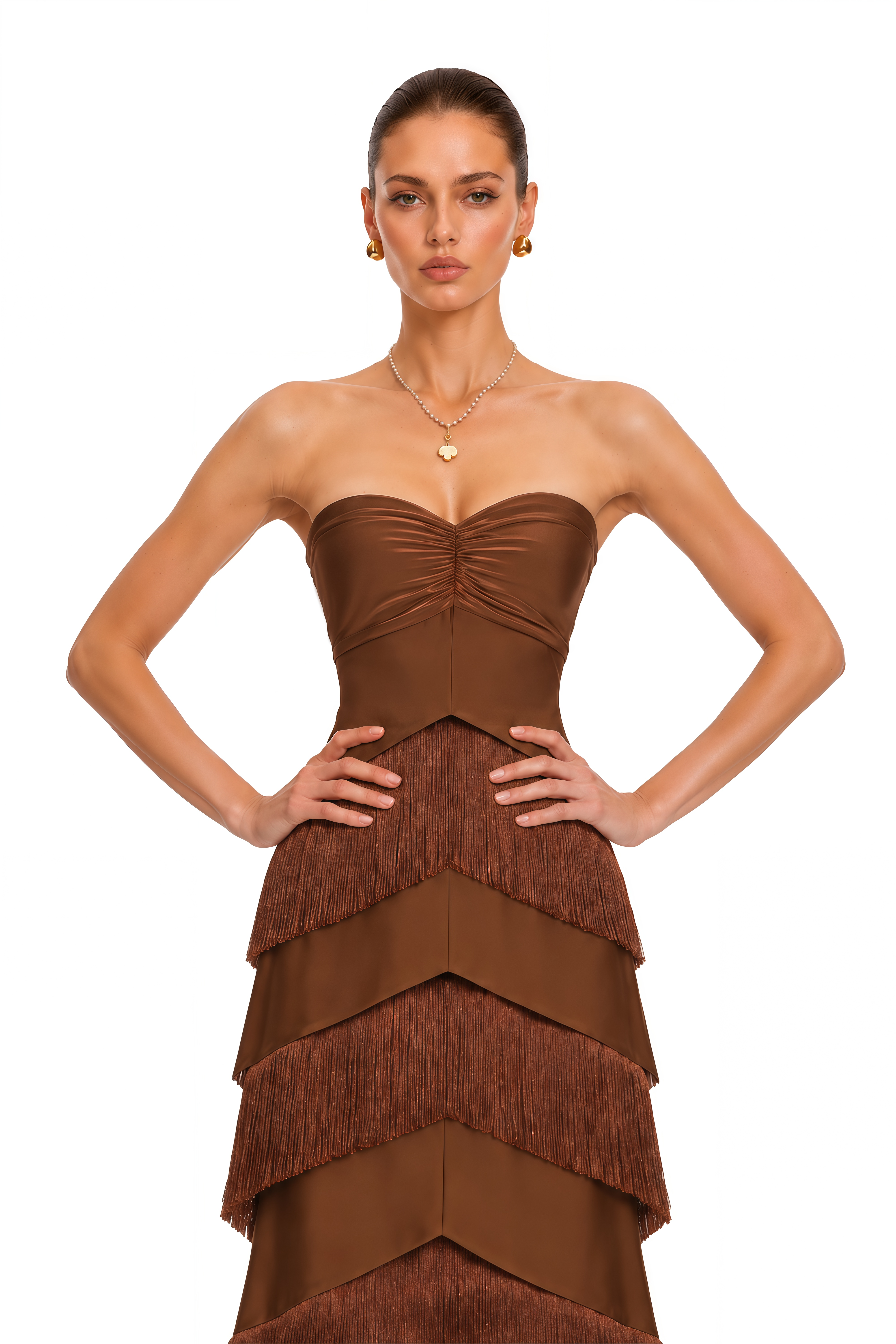 Eesha Brown Strapless Fringe Tiered Maxi Dress