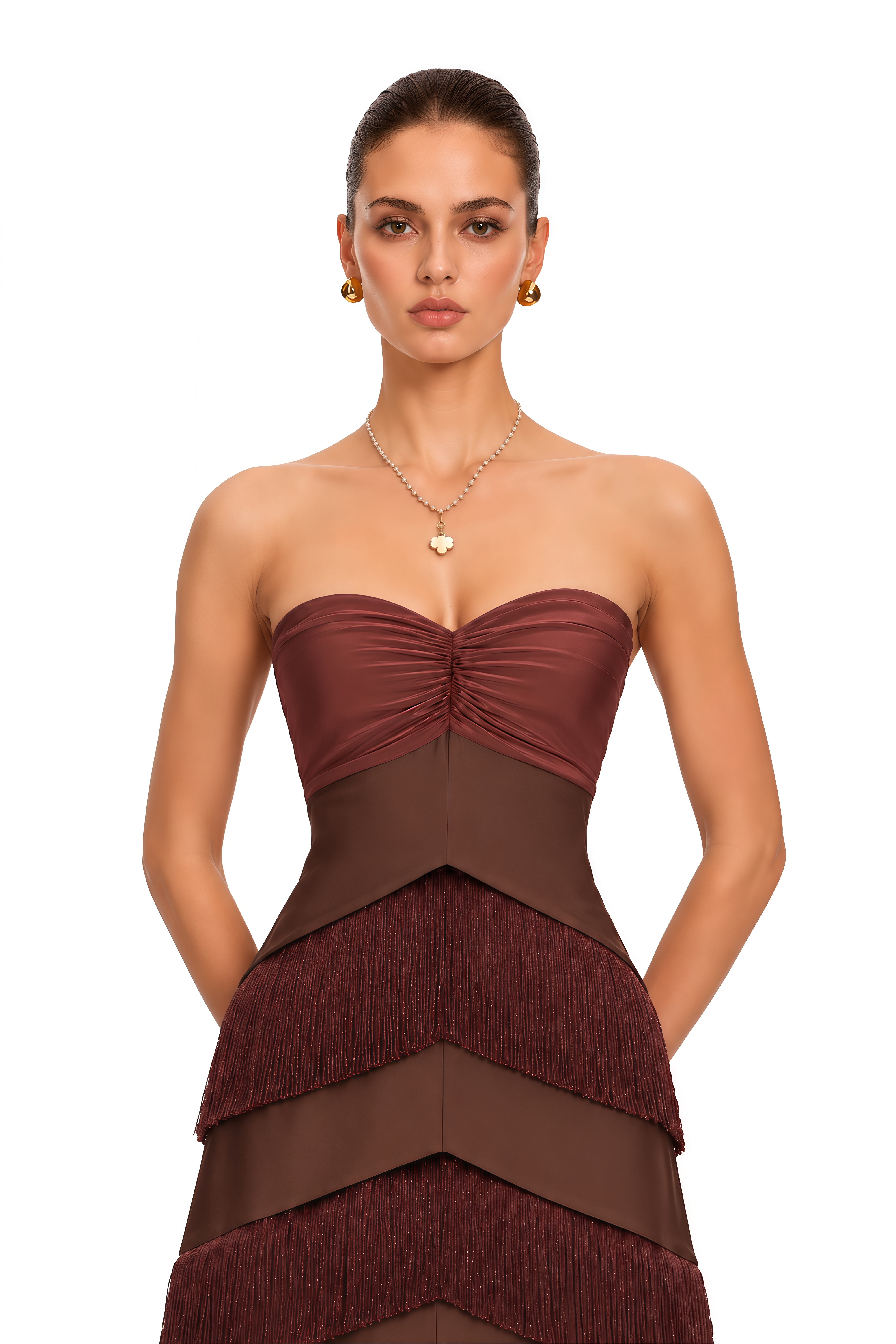 Eesha Brown Strapless Fringe Tiered Maxi Dress