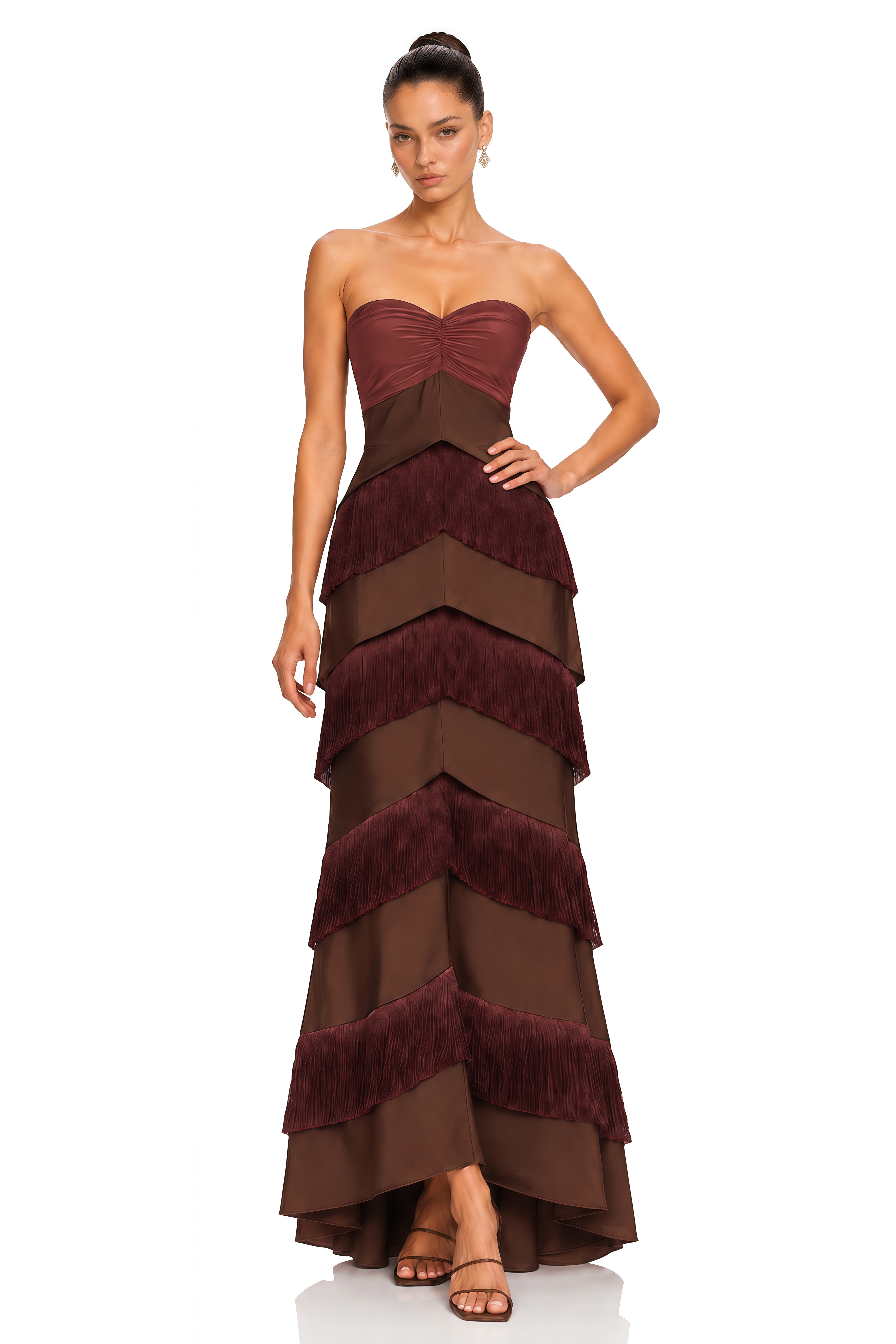 Eesha Brown Strapless Fringe Tiered Maxi Dress
