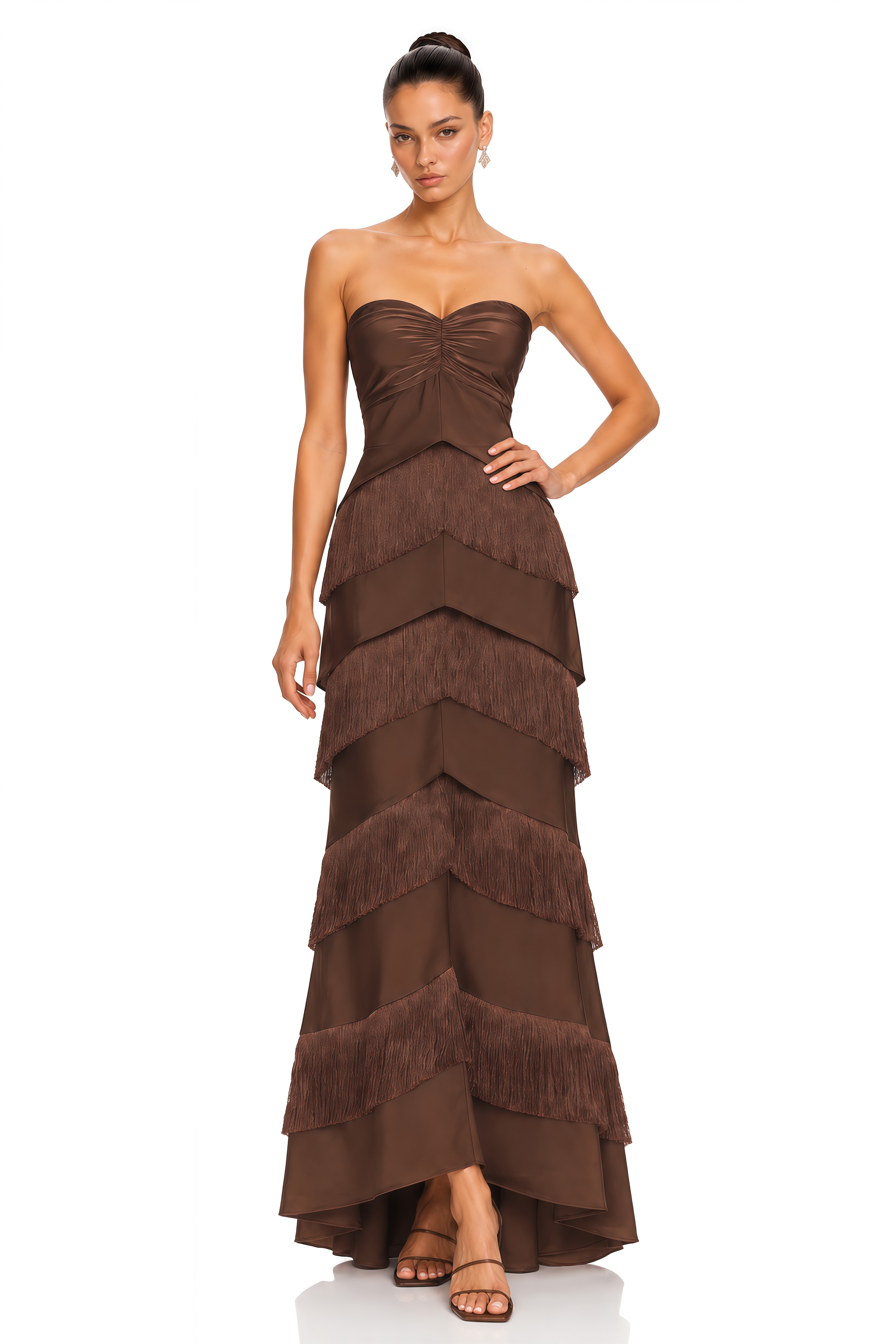 Eesha Brown Strapless Fringe Tiered Maxi Dress