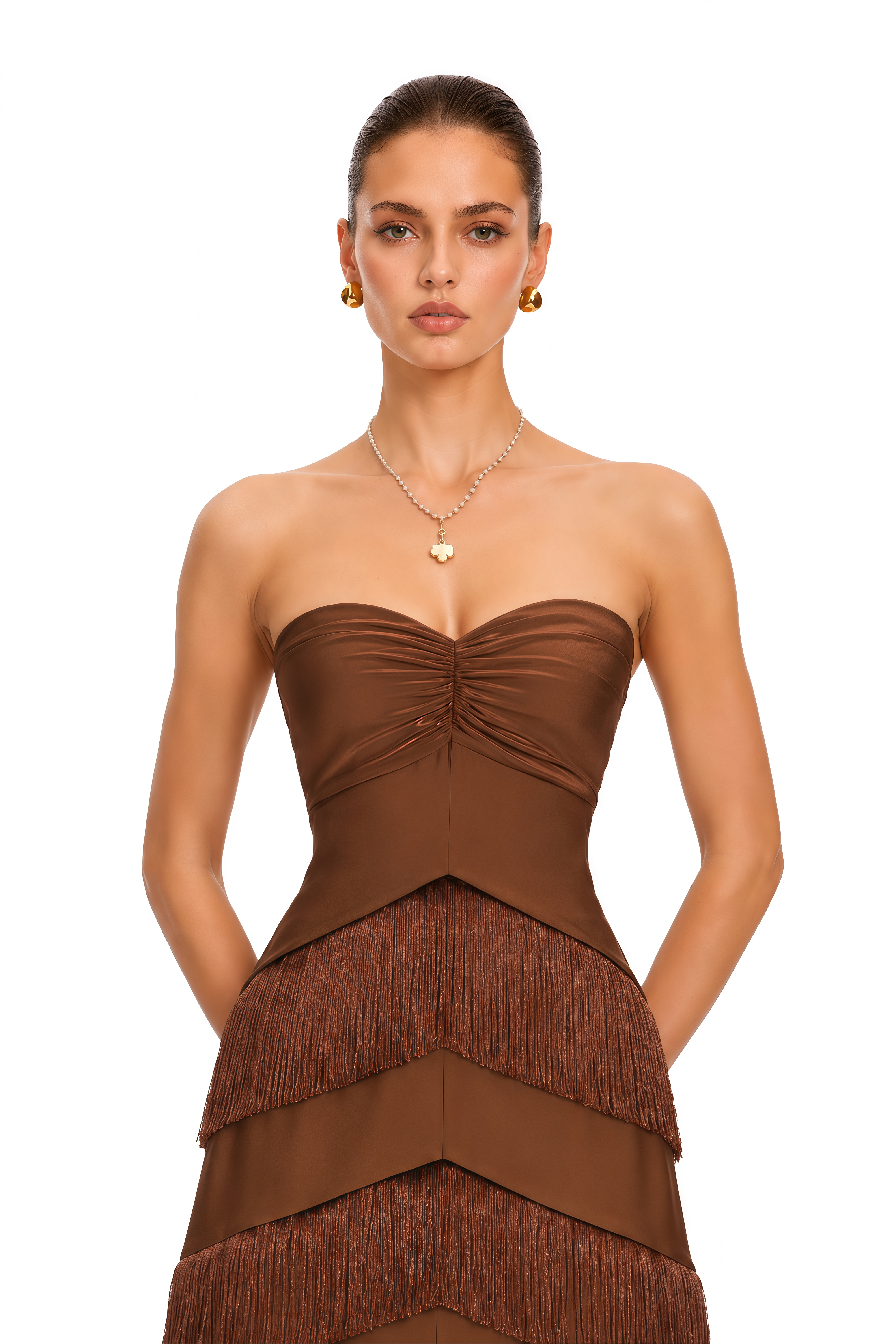 Eesha Brown Strapless Fringe Tiered Maxi Dress