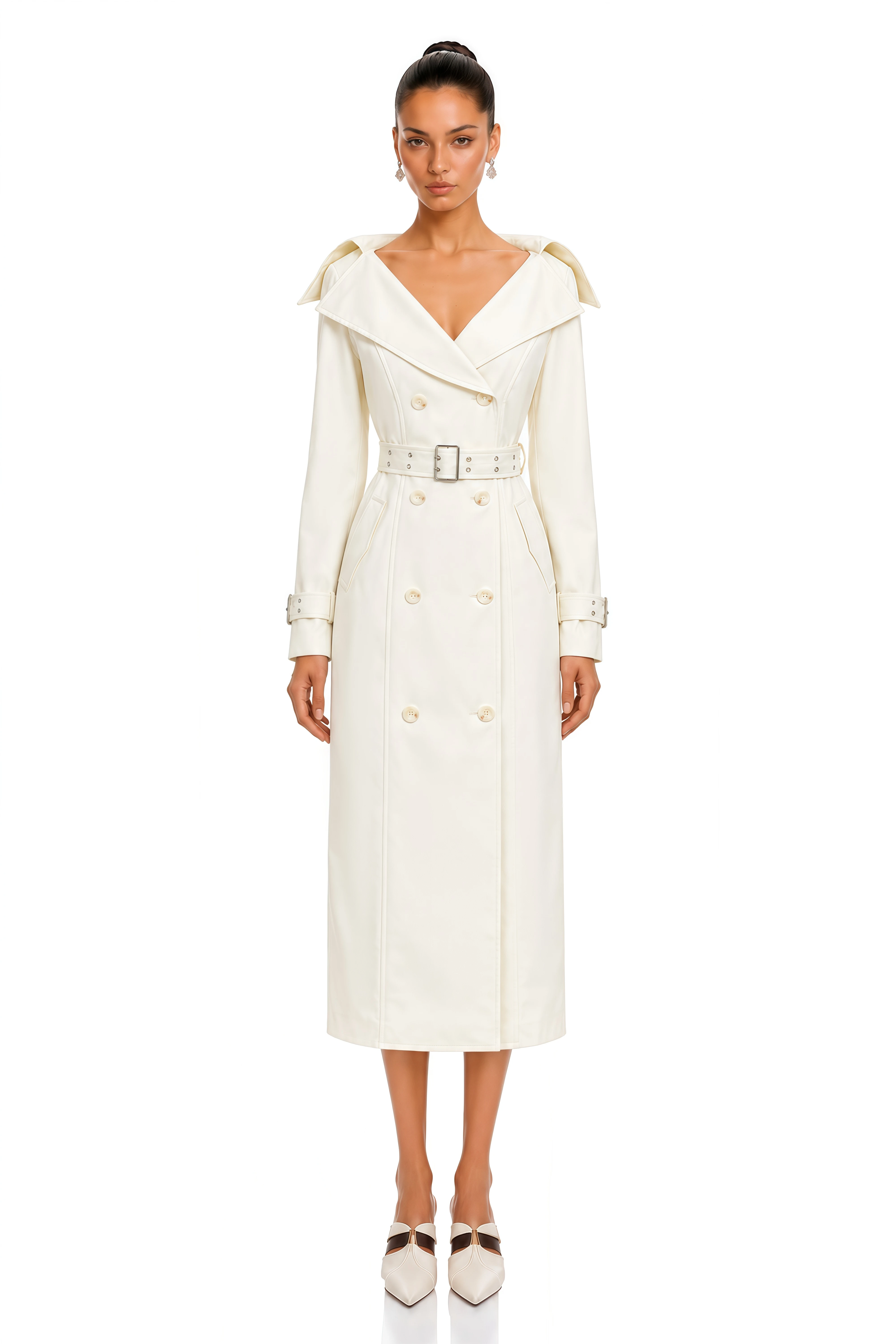 Efa White Belted Double Breasted Trench Coat