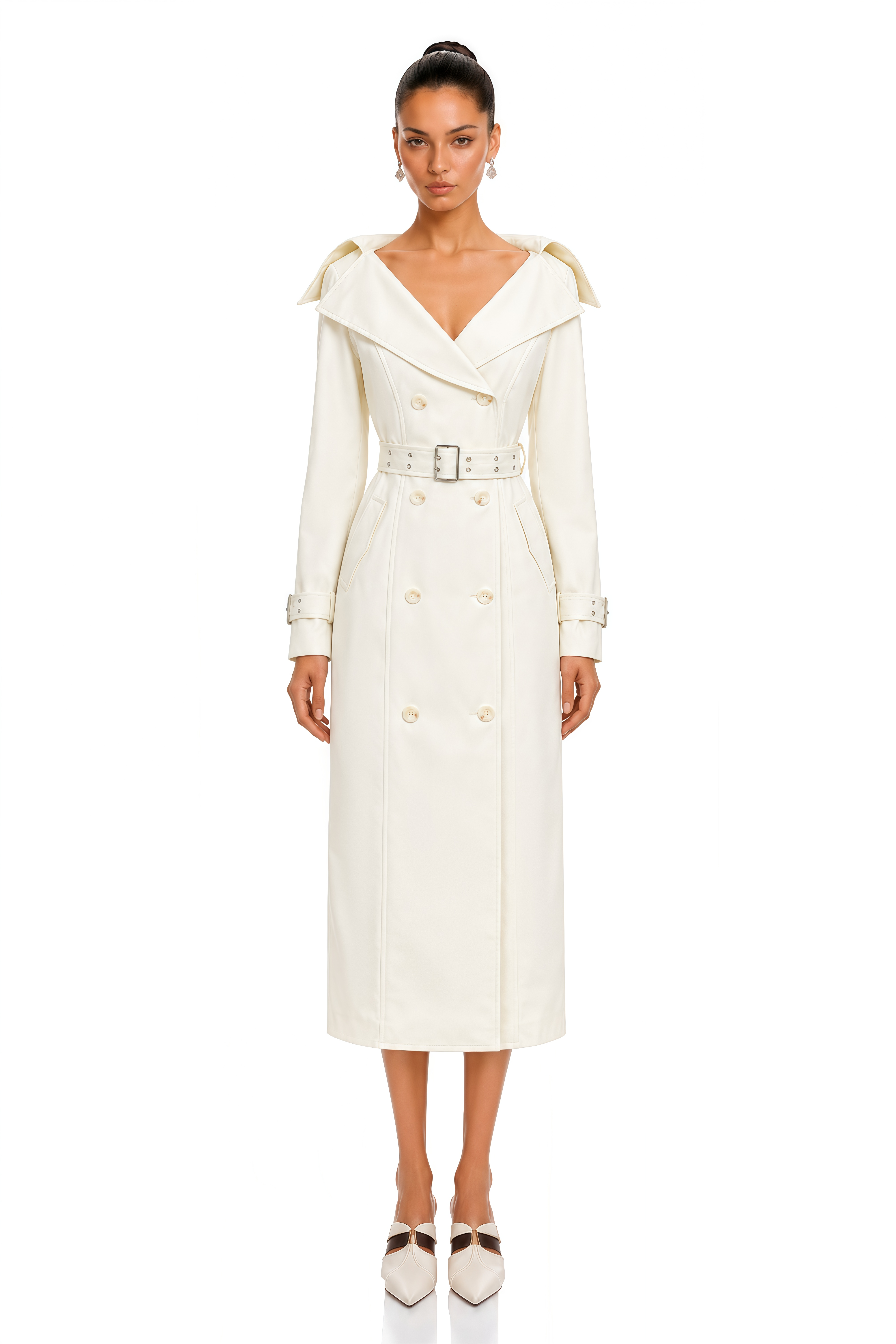 Efa White Belted Double Breasted Trench Coat