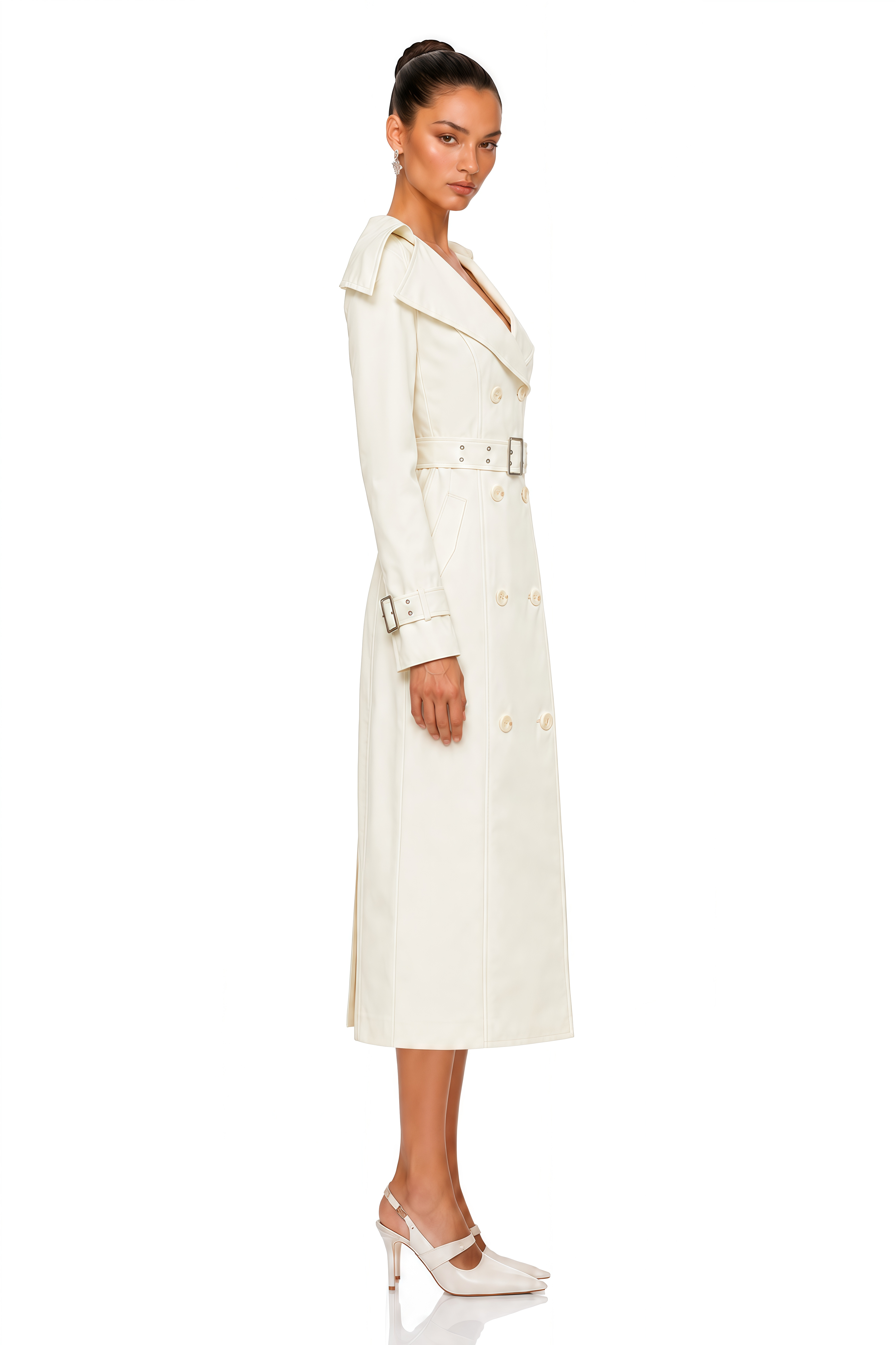Efa White Belted Double Breasted Trench Coat