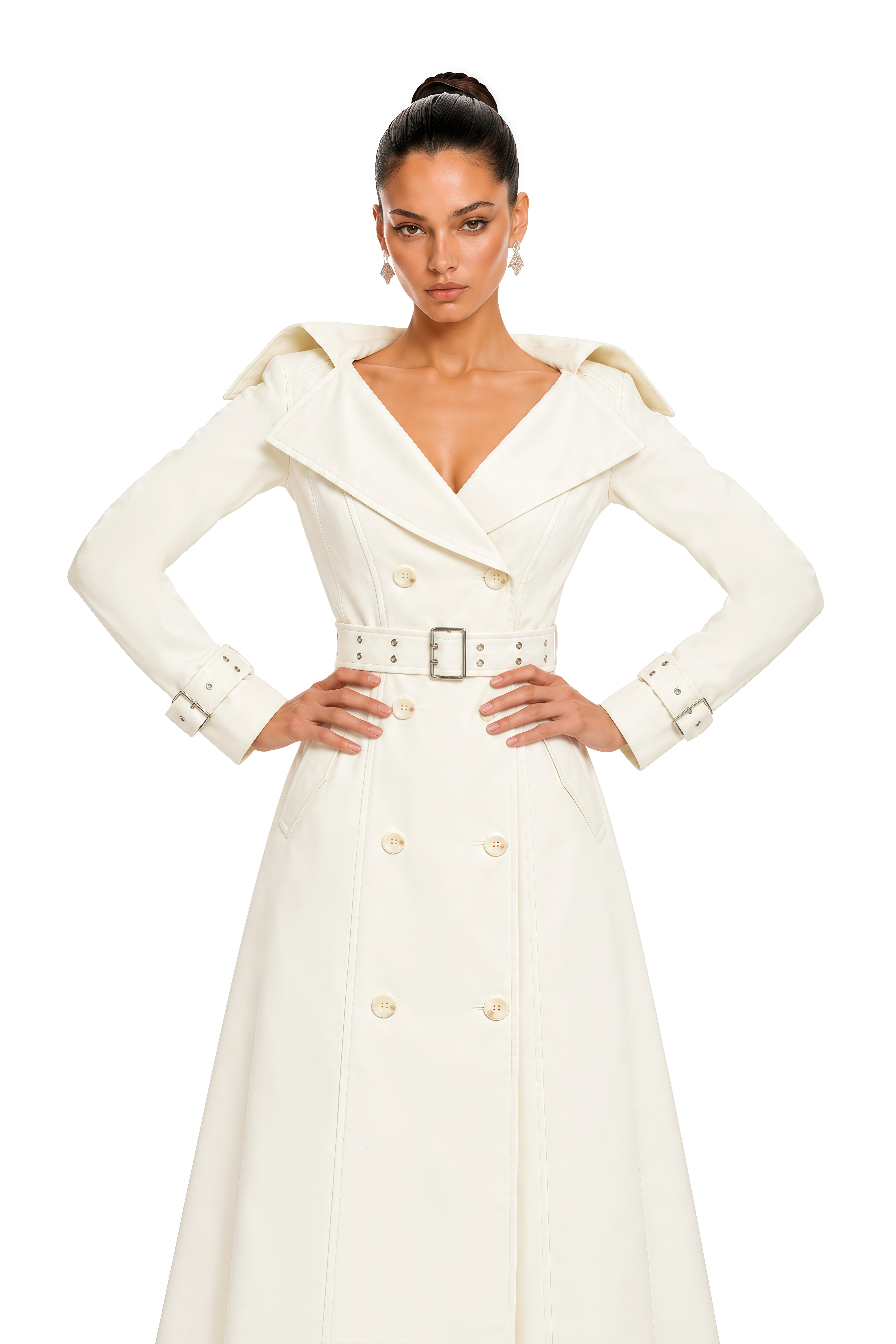 Efa White Belted Double Breasted Trench Coat