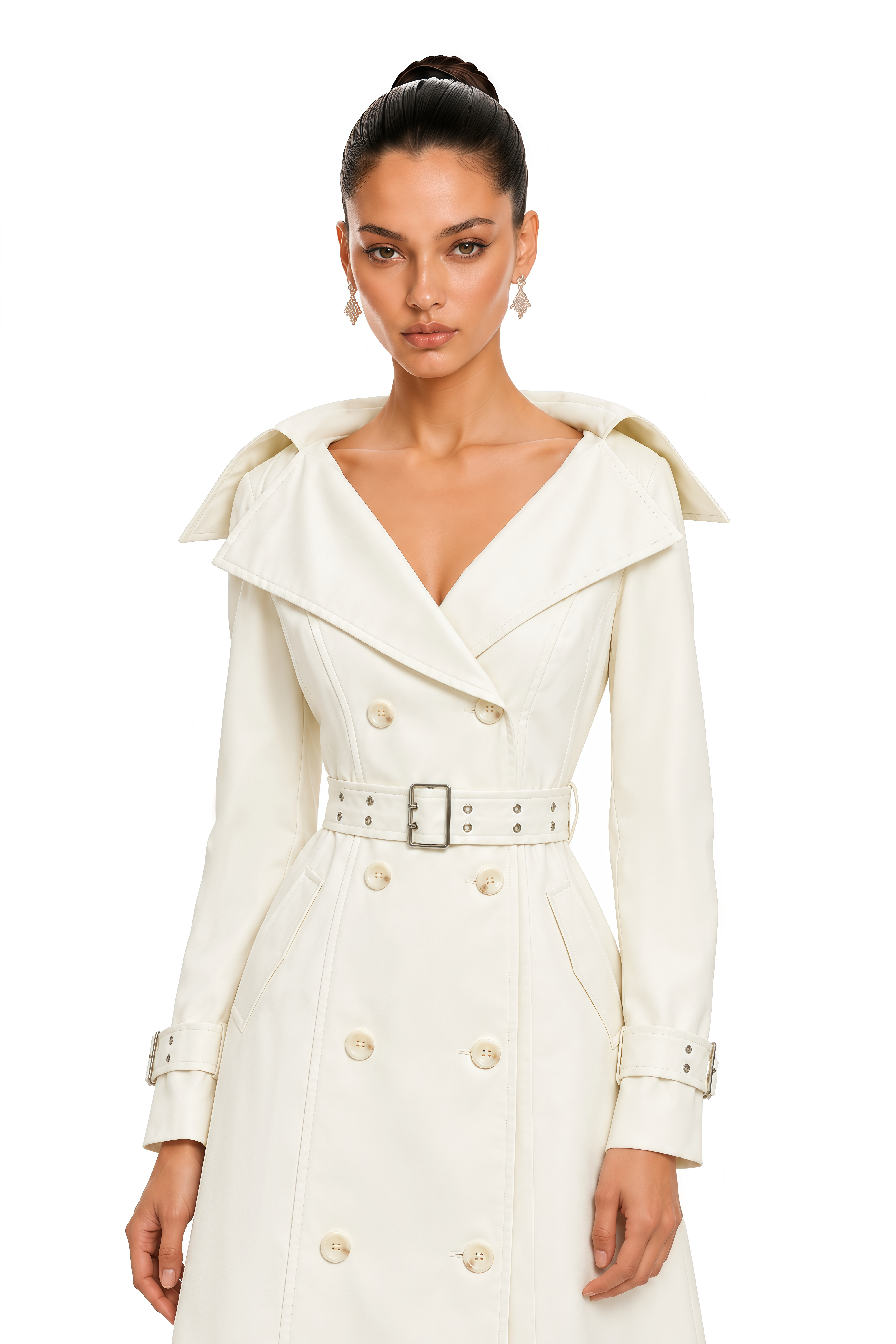 Efa White Belted Double Breasted Trench Coat