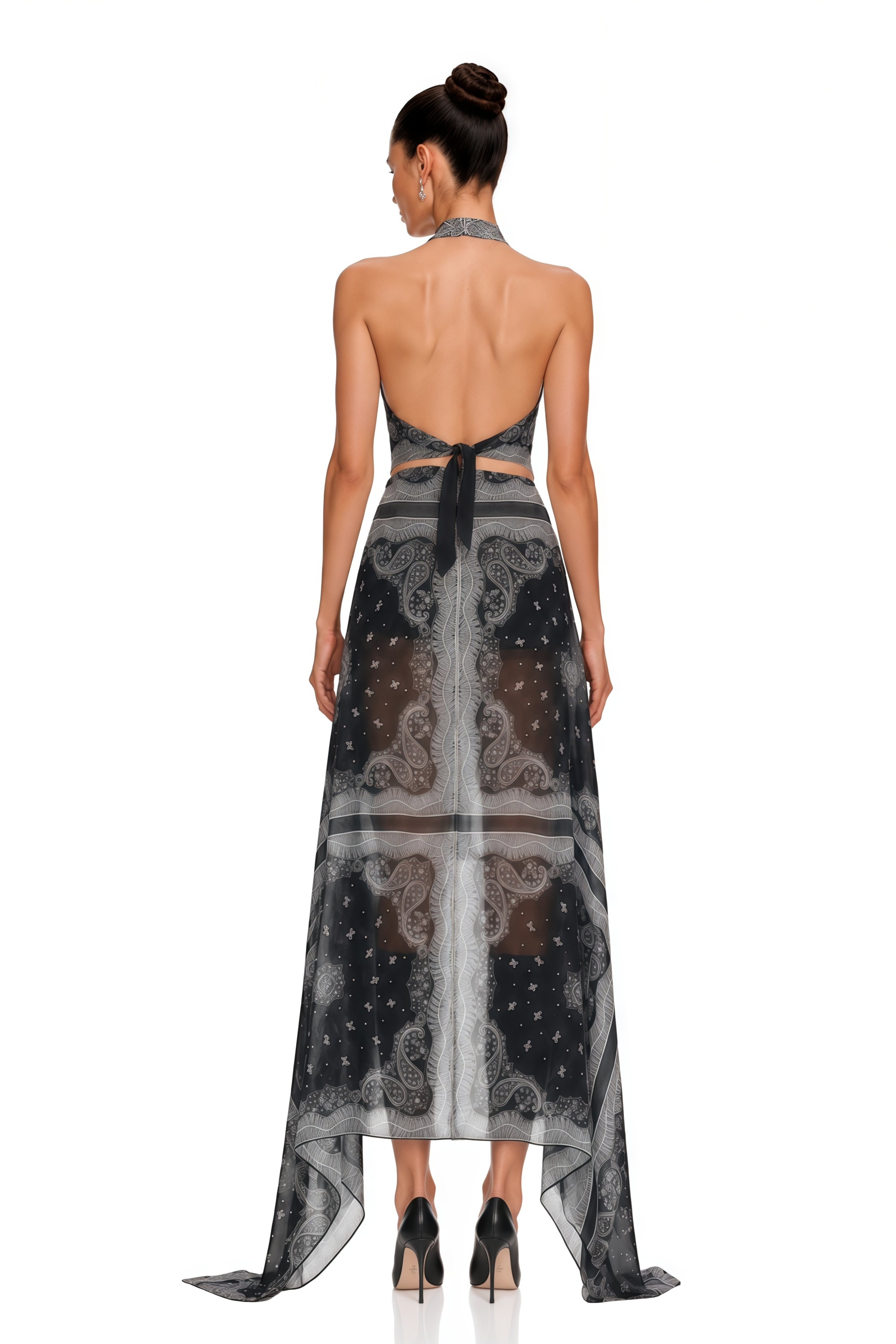 Eibhlin Black Paisley Halterneck Top & Asymmetrical Skirt Set