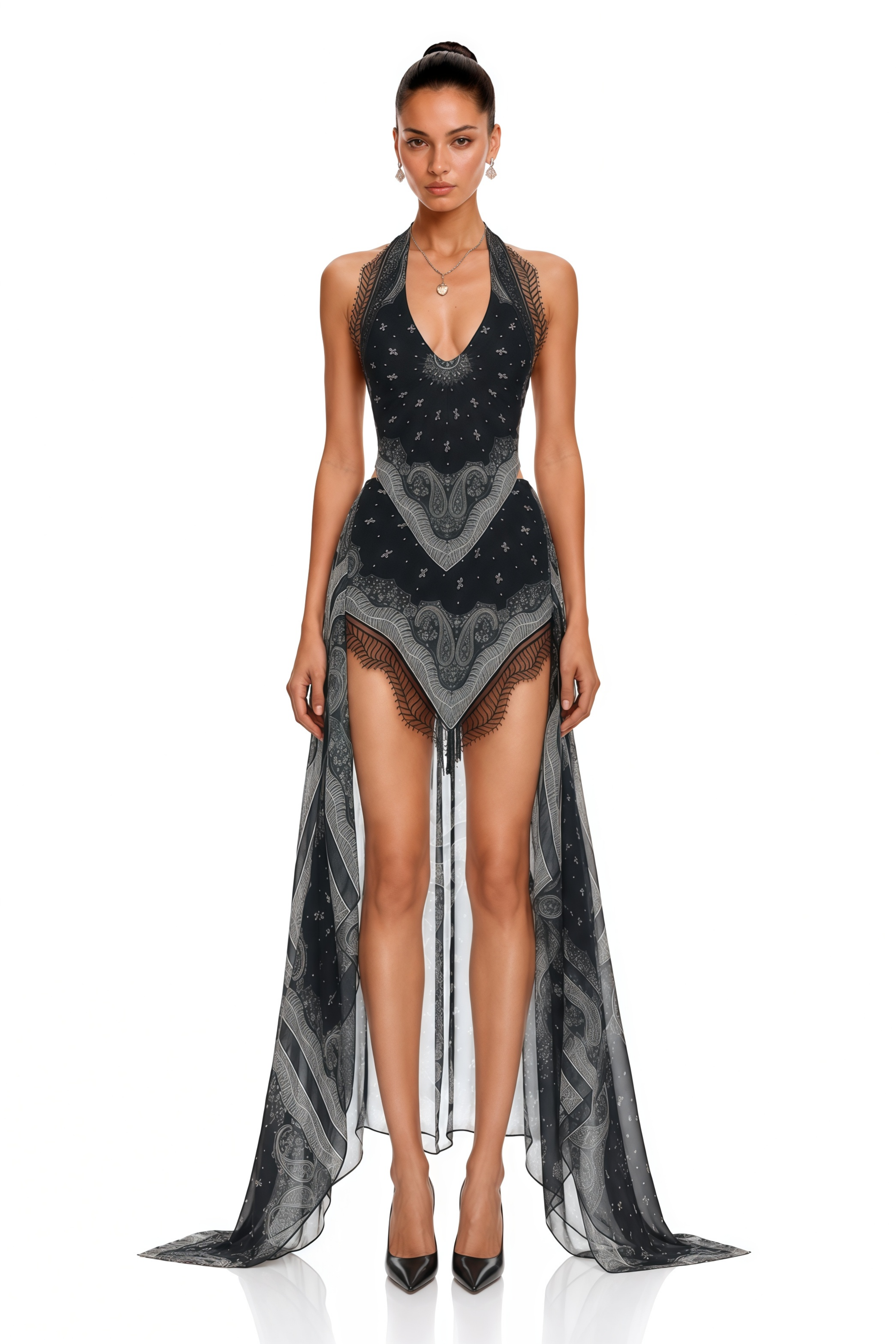 Eibhlin Black Paisley Halterneck Top & Asymmetrical Skirt Set