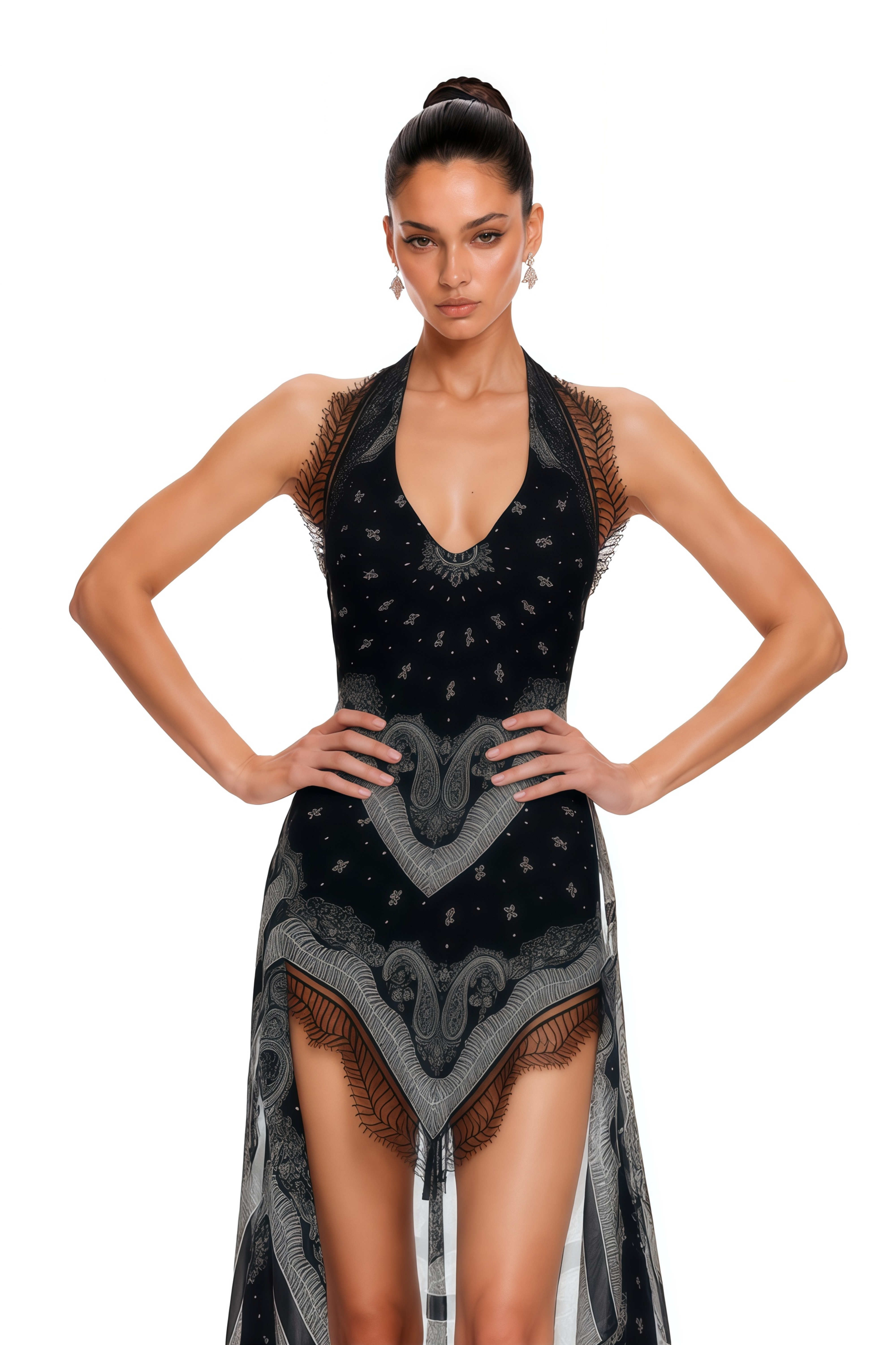Eibhlin Black Paisley Halterneck Top & Asymmetrical Skirt Set