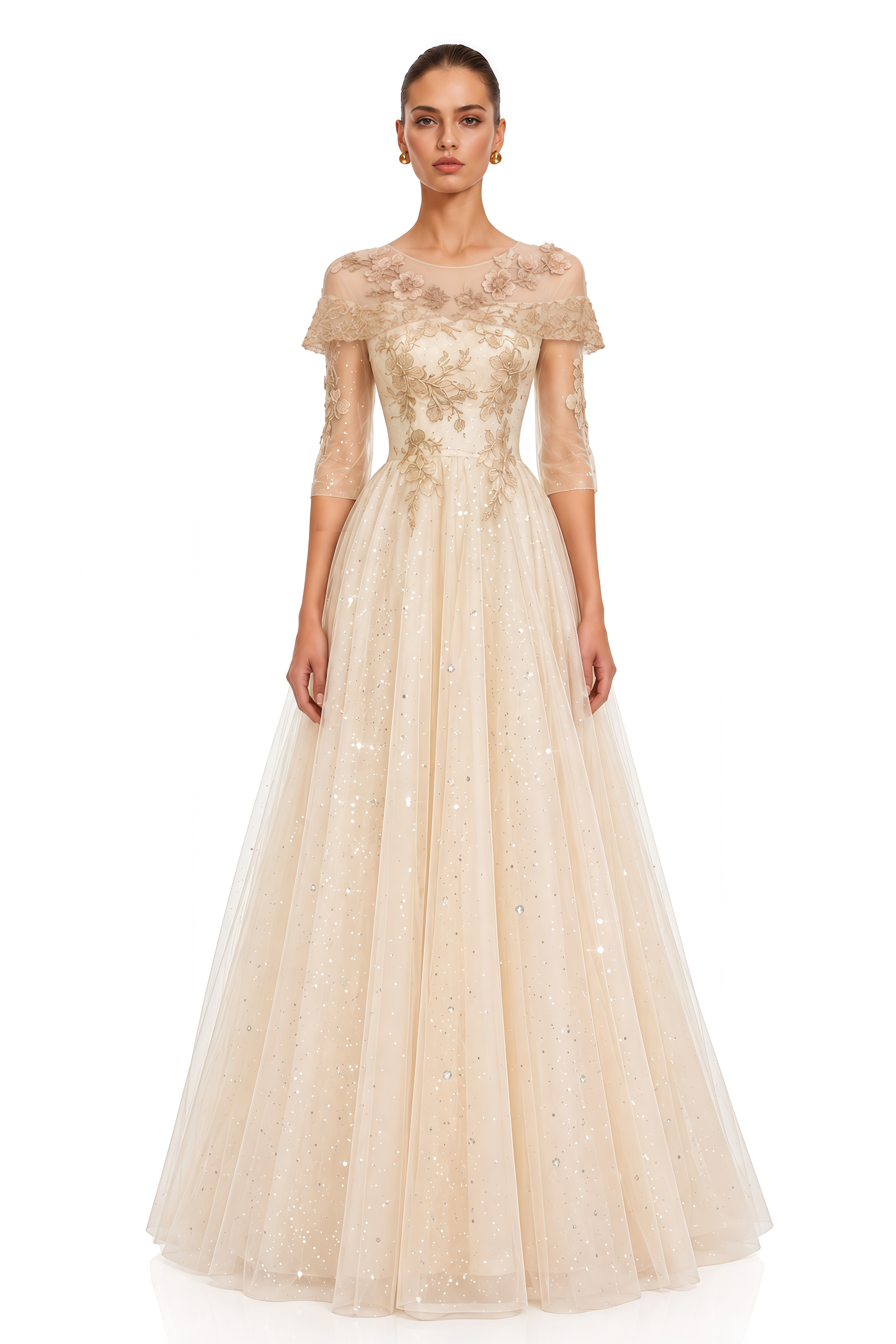Eirlys Champagne Off Shoulder 3D Floral Tulle Maxi Dress