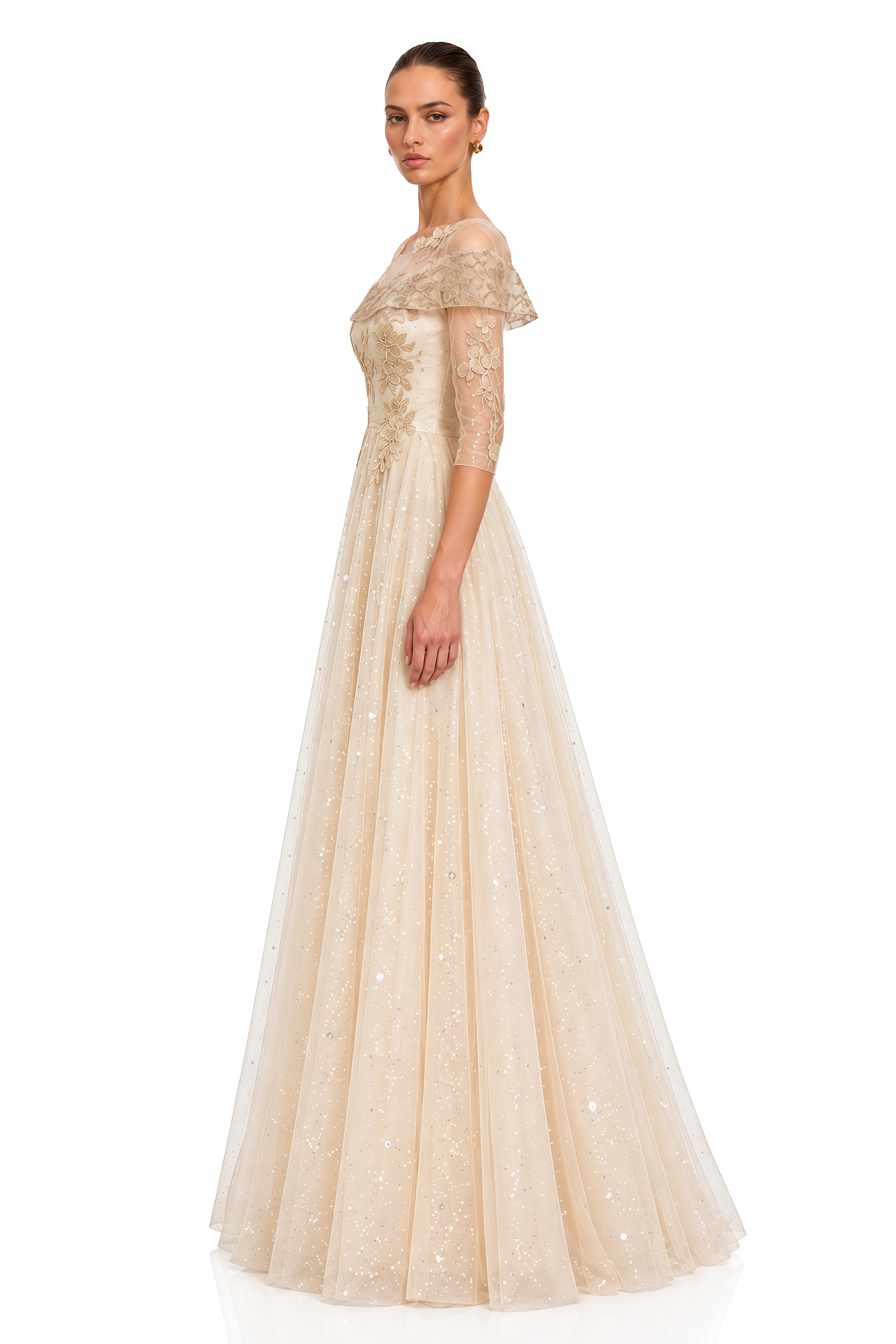 Eirlys Champagne Off Shoulder 3D Floral Tulle Maxi Dress