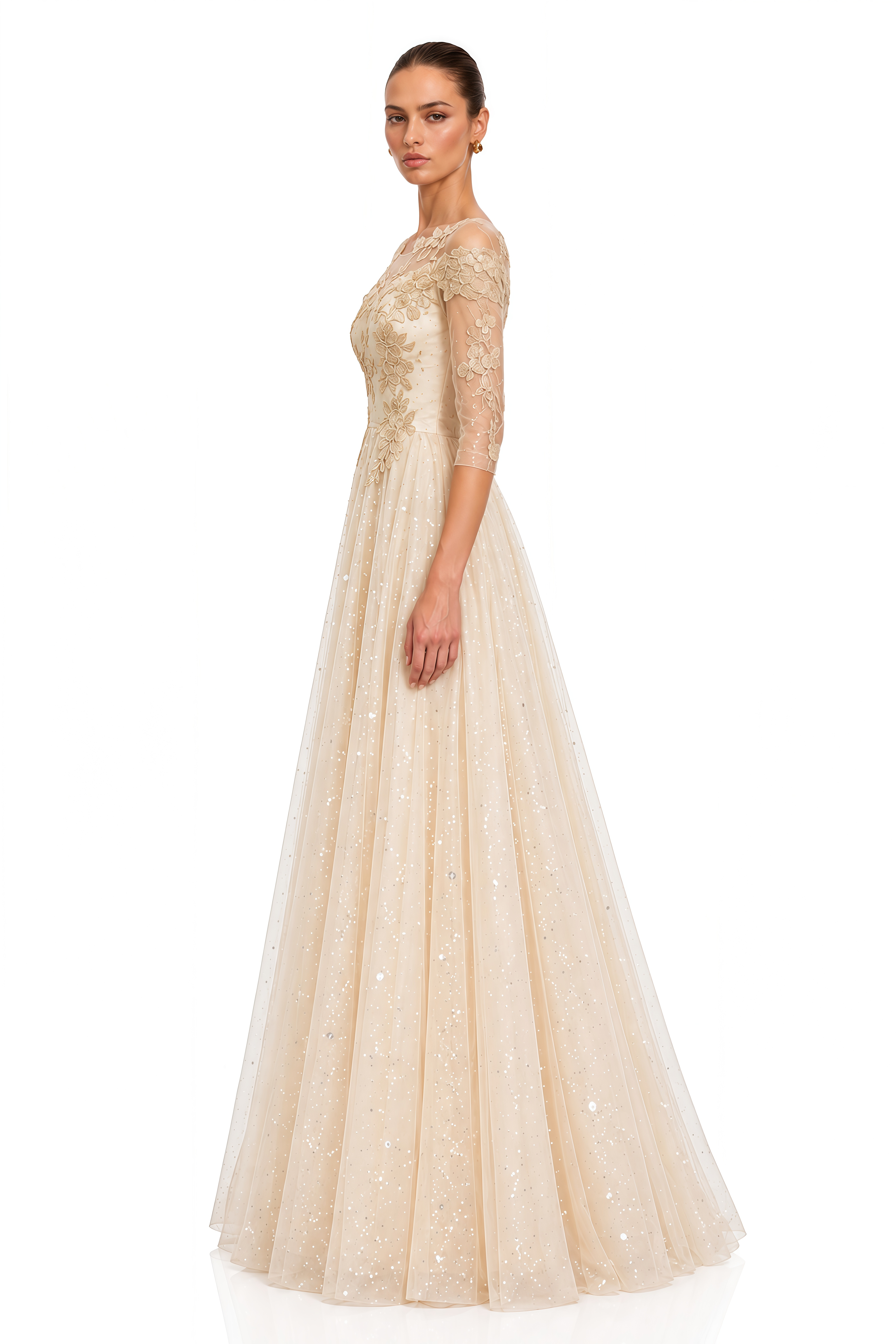 Eirlys Champagne Off Shoulder 3D Floral Tulle Maxi Dress