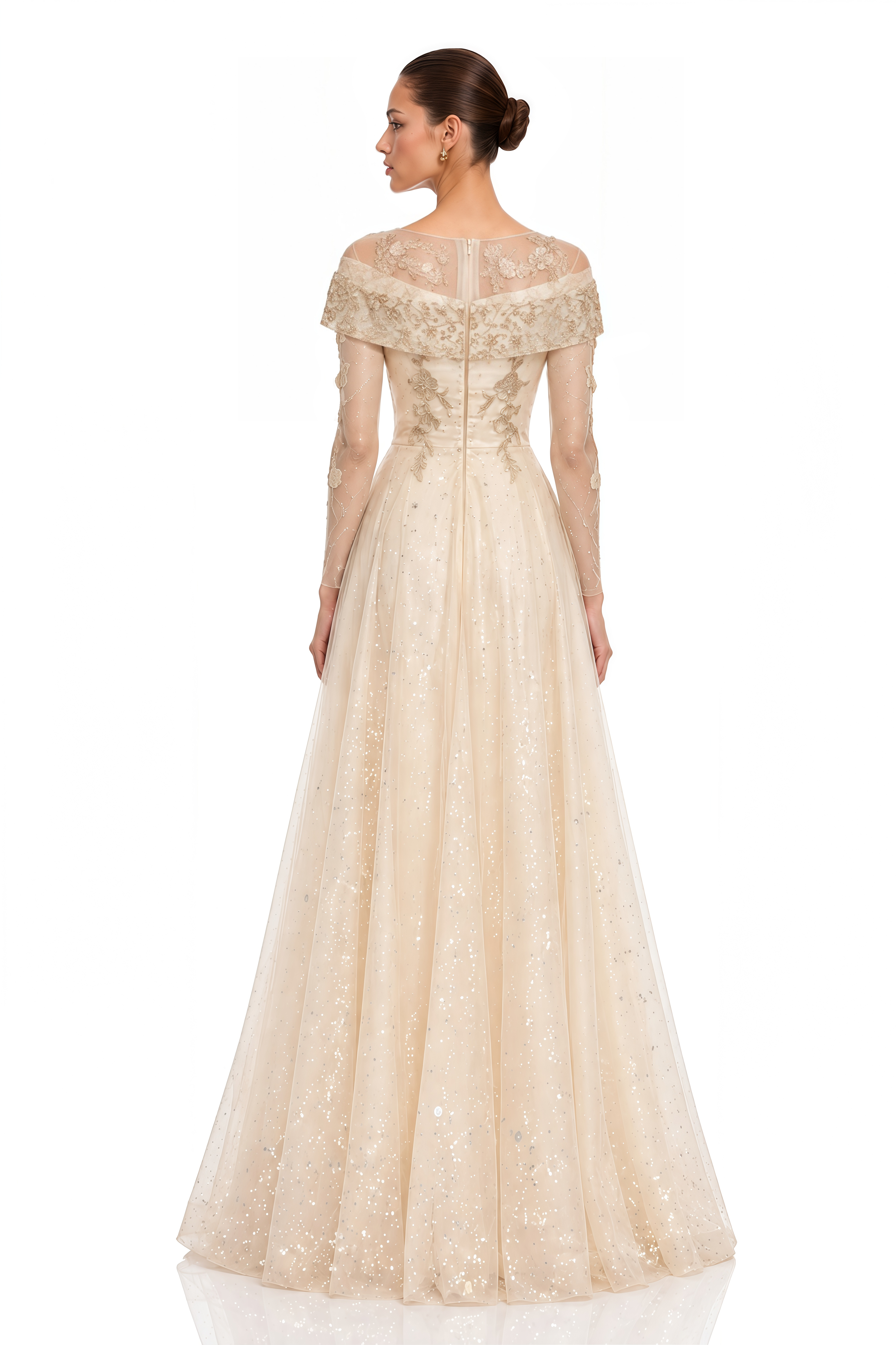 Eirlys Champagne Off Shoulder 3D Floral Tulle Maxi Dress