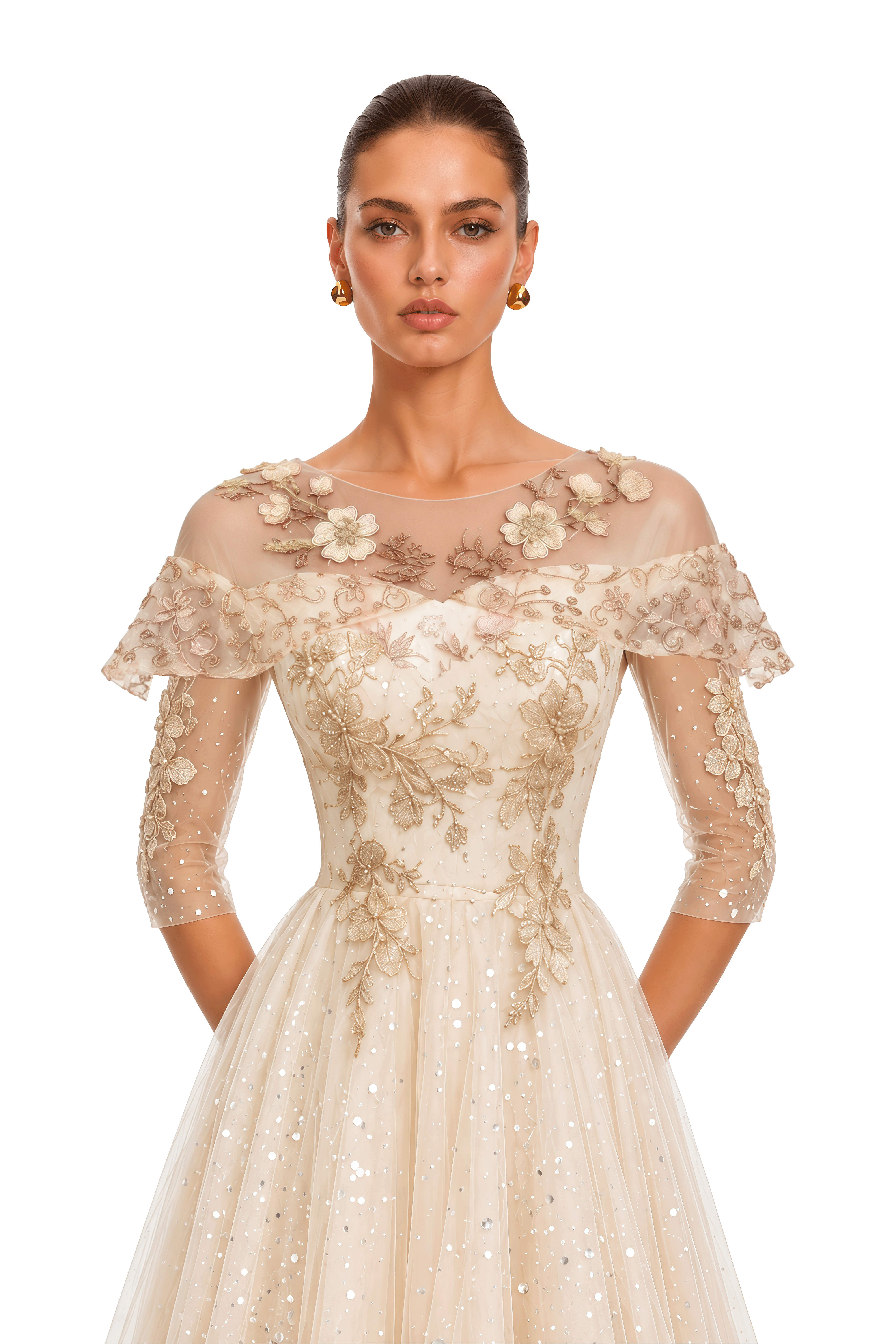 Eirlys Champagne Off Shoulder 3D Floral Tulle Maxi Dress