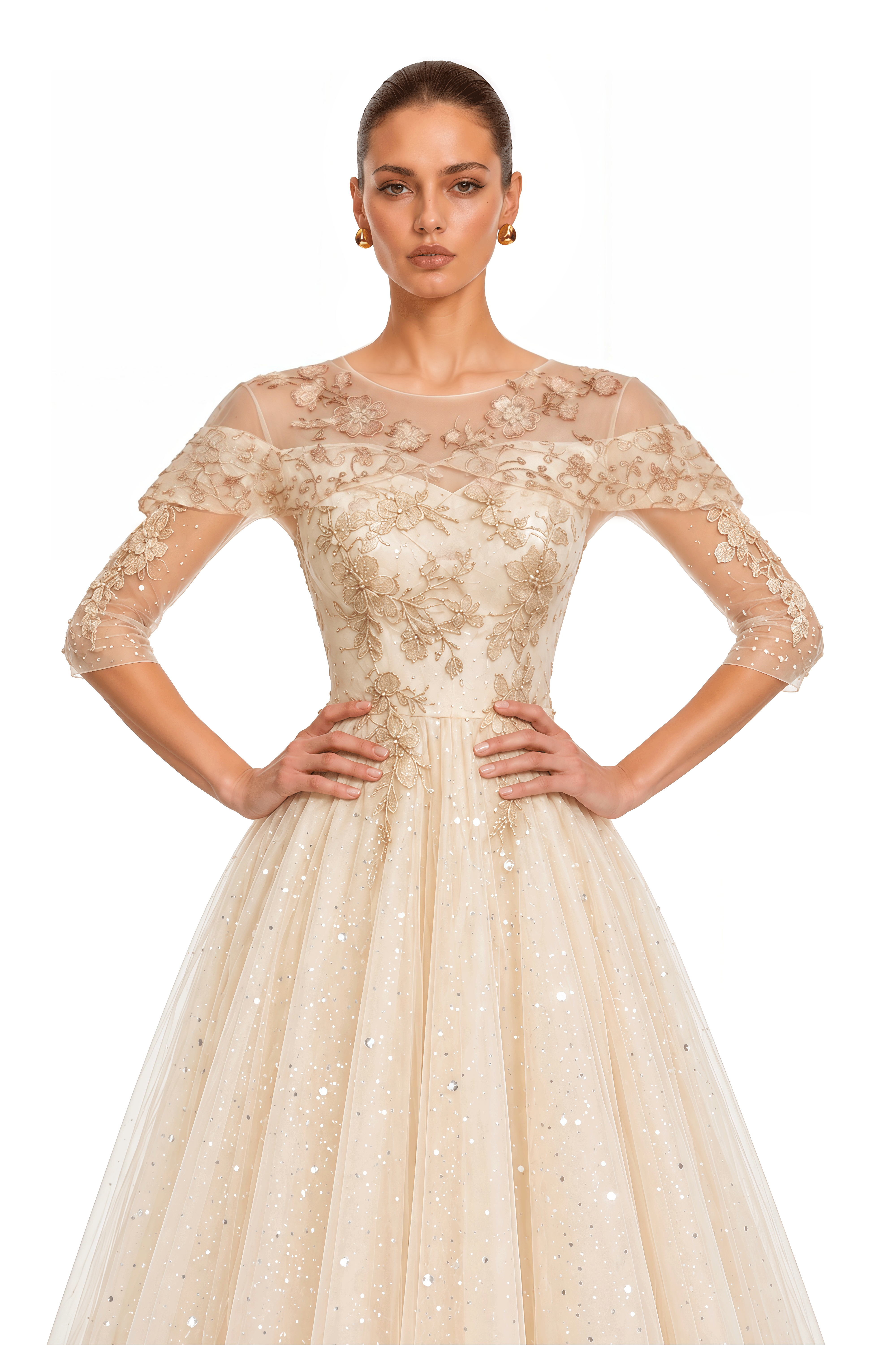 Eirlys Champagne Off Shoulder 3D Floral Tulle Maxi Dress