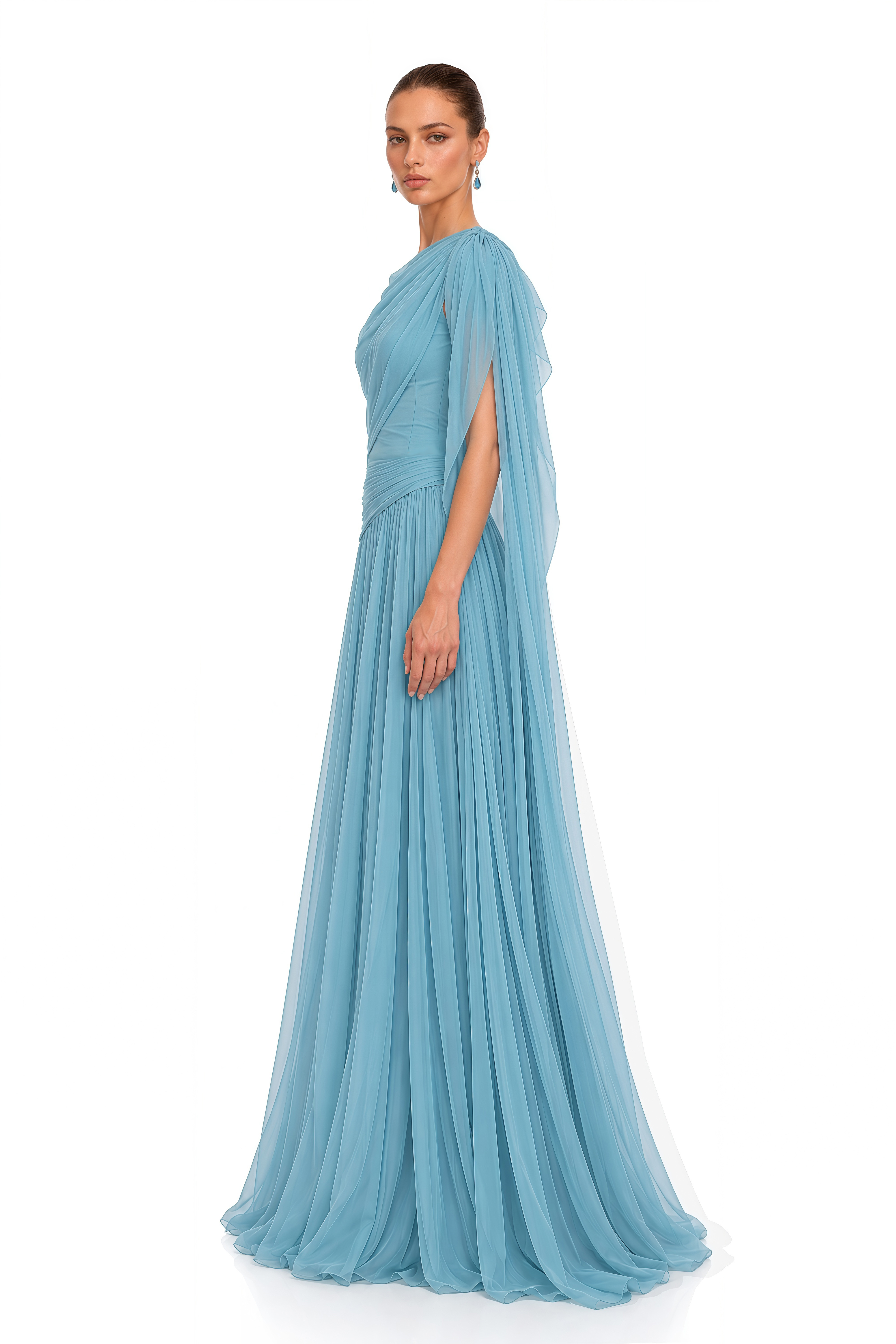 Eirlys Dusty Blue Draped One Shoulder Maxi Dress