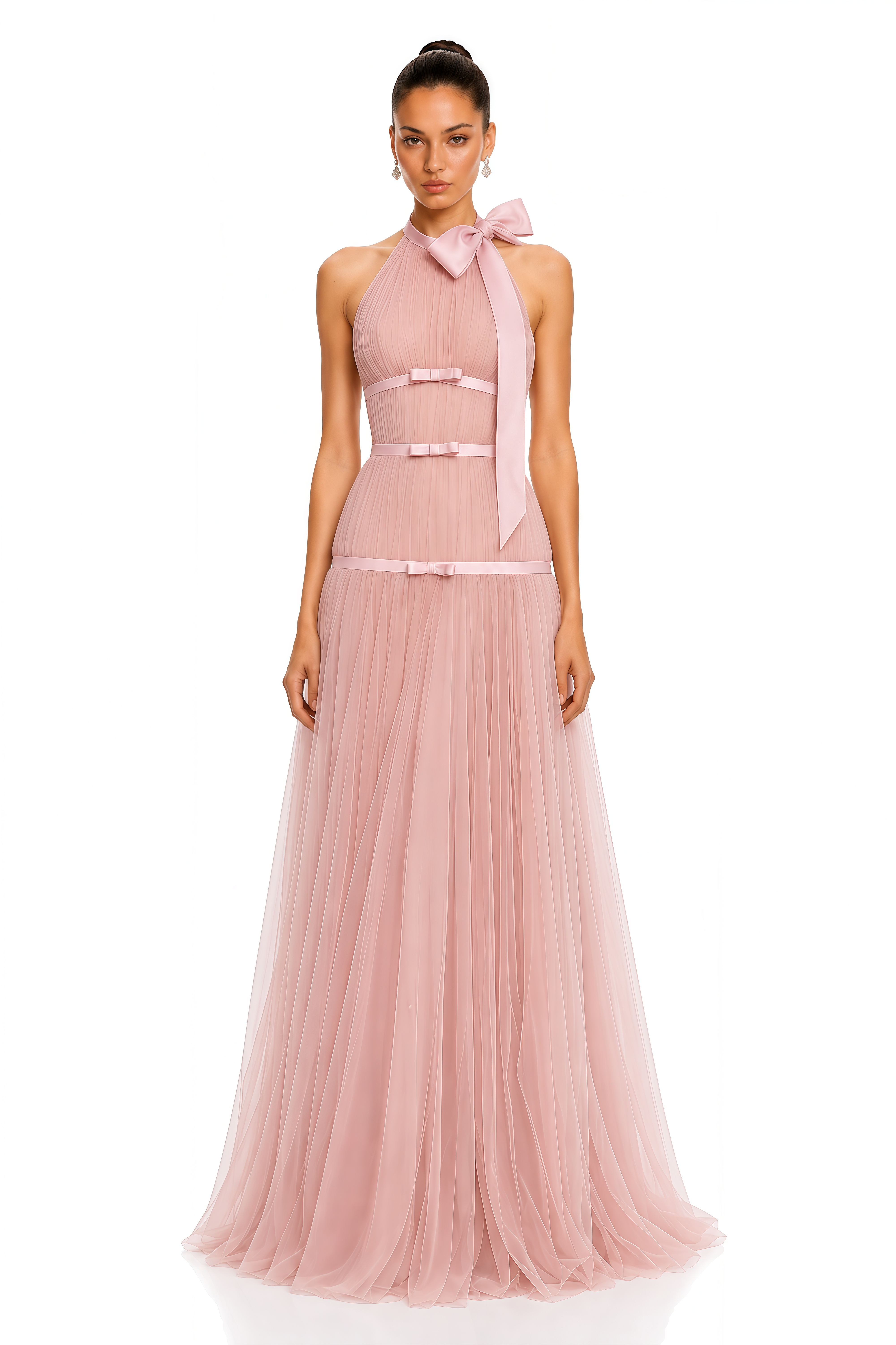 Eirlys Pink Bow Halterneck Pleated Maxi Dress