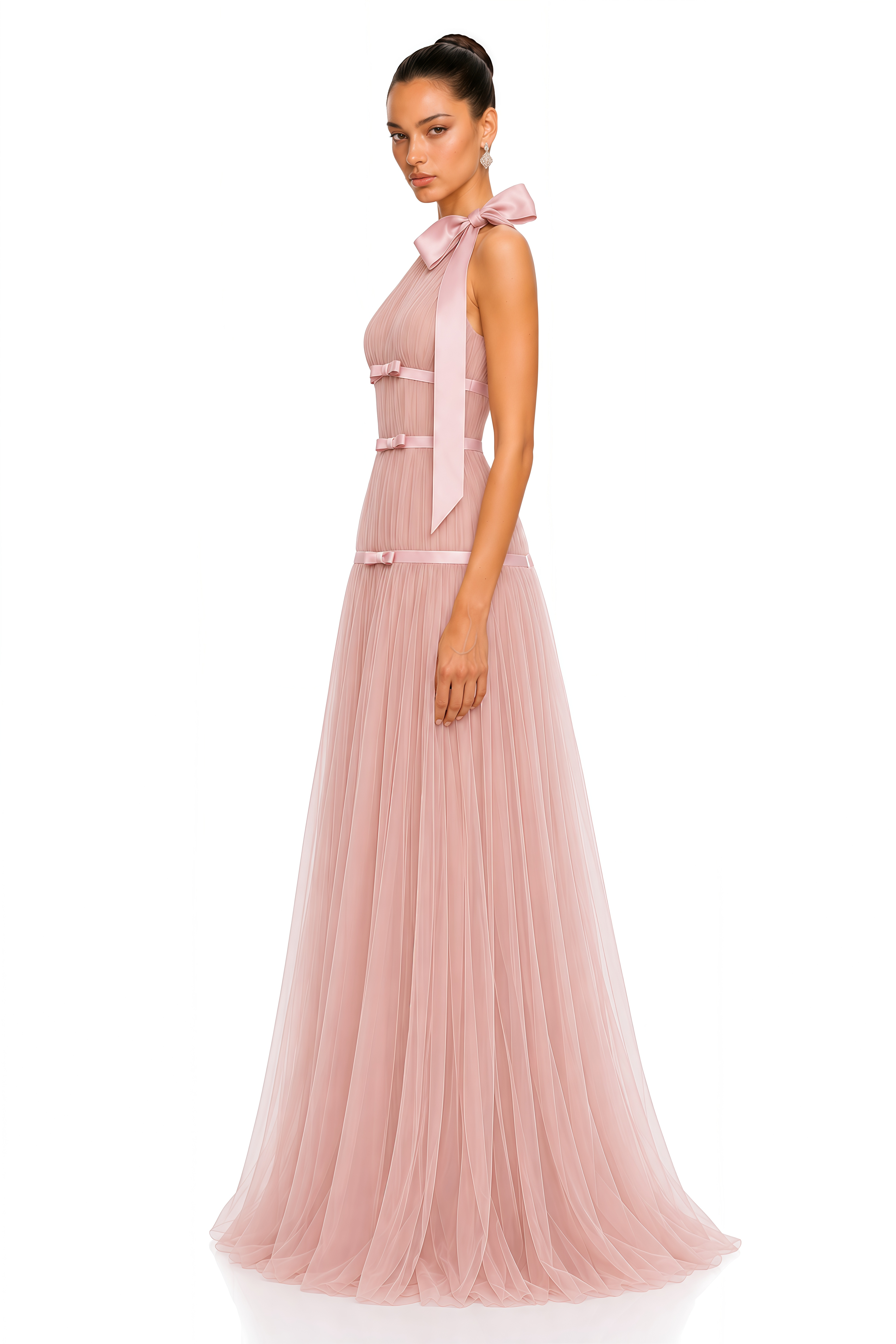 Eirlys Pink Bow Halterneck Pleated Maxi Dress