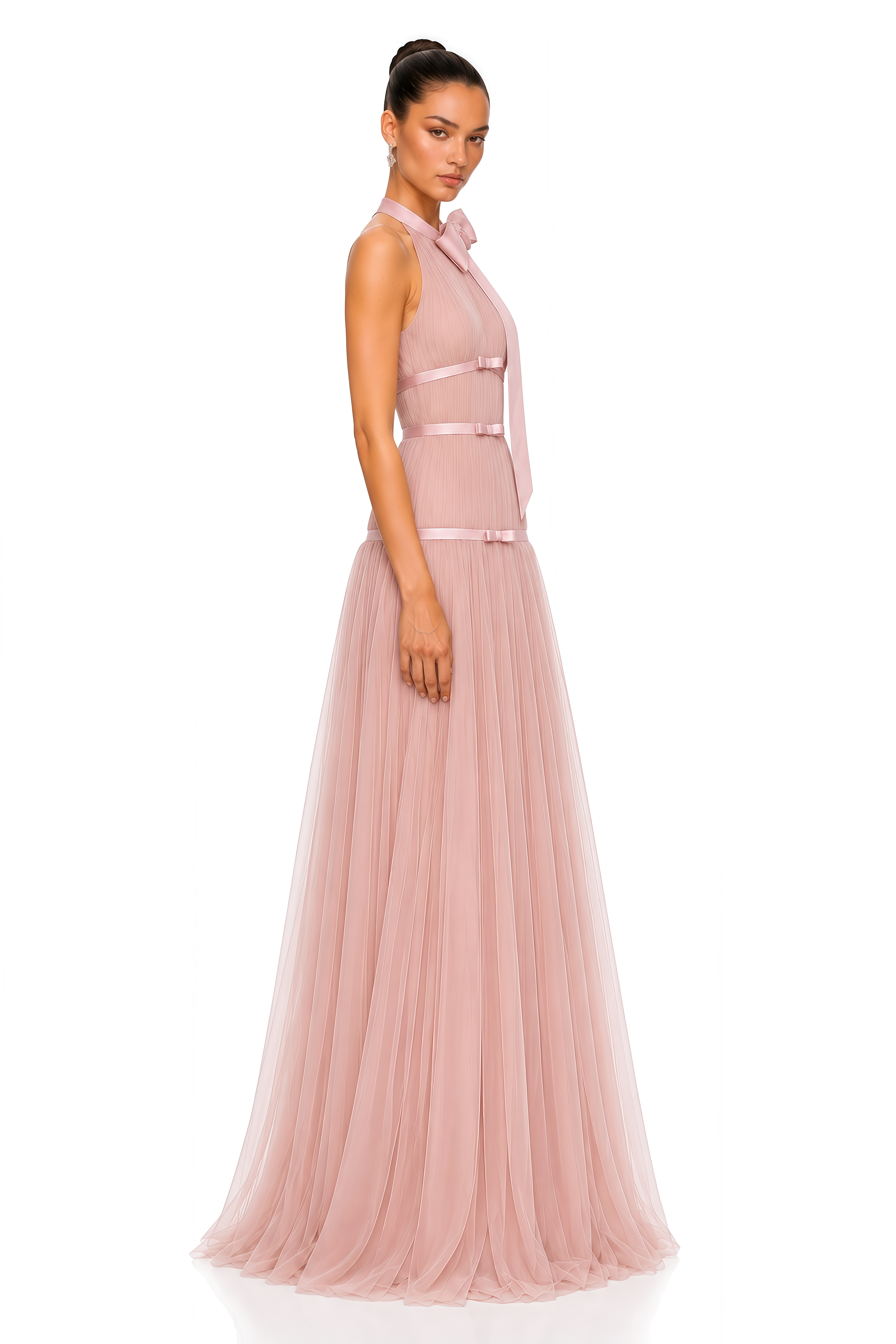 Eirlys Pink Bow Halterneck Pleated Maxi Dress