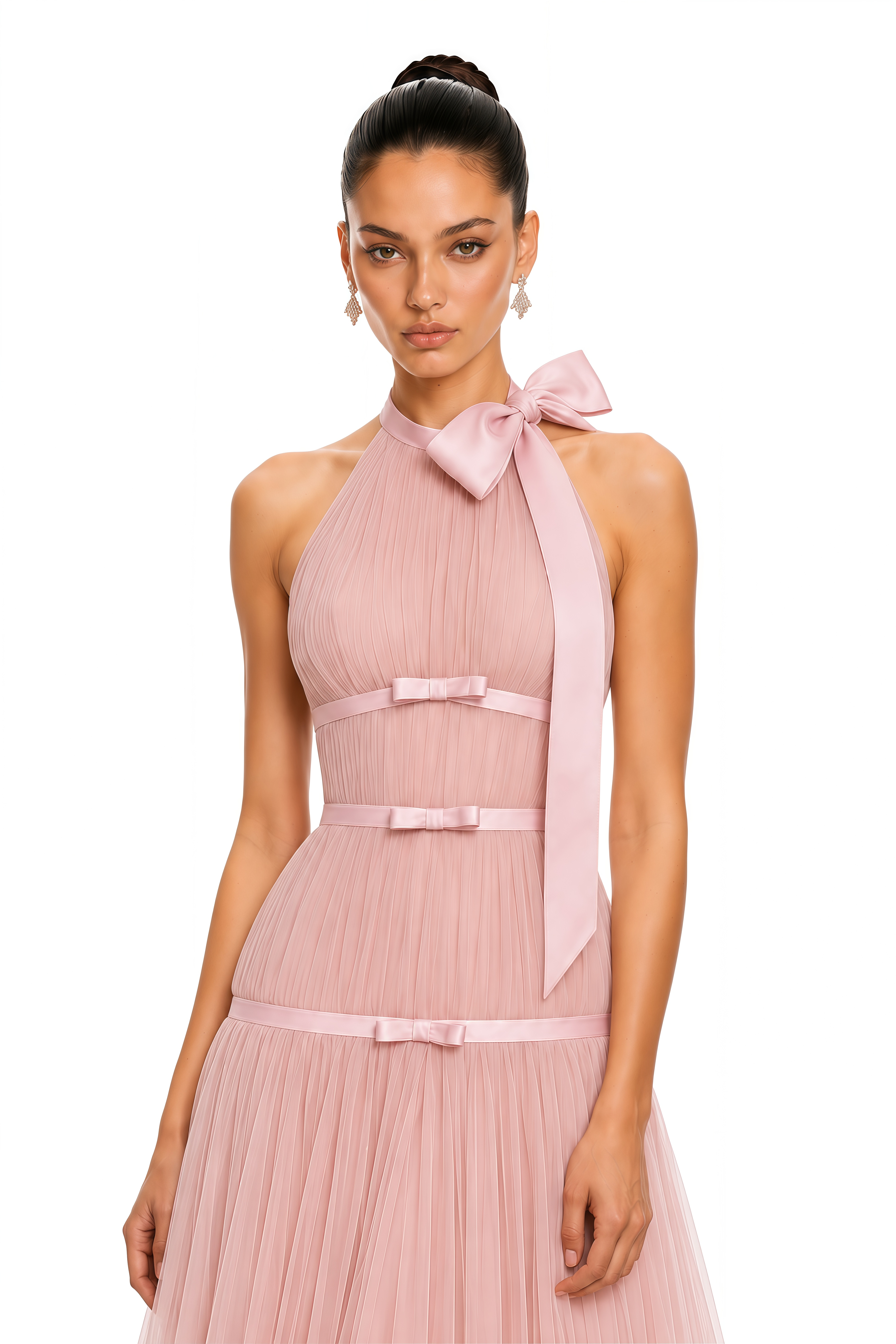 Eirlys Pink Bow Halterneck Pleated Maxi Dress