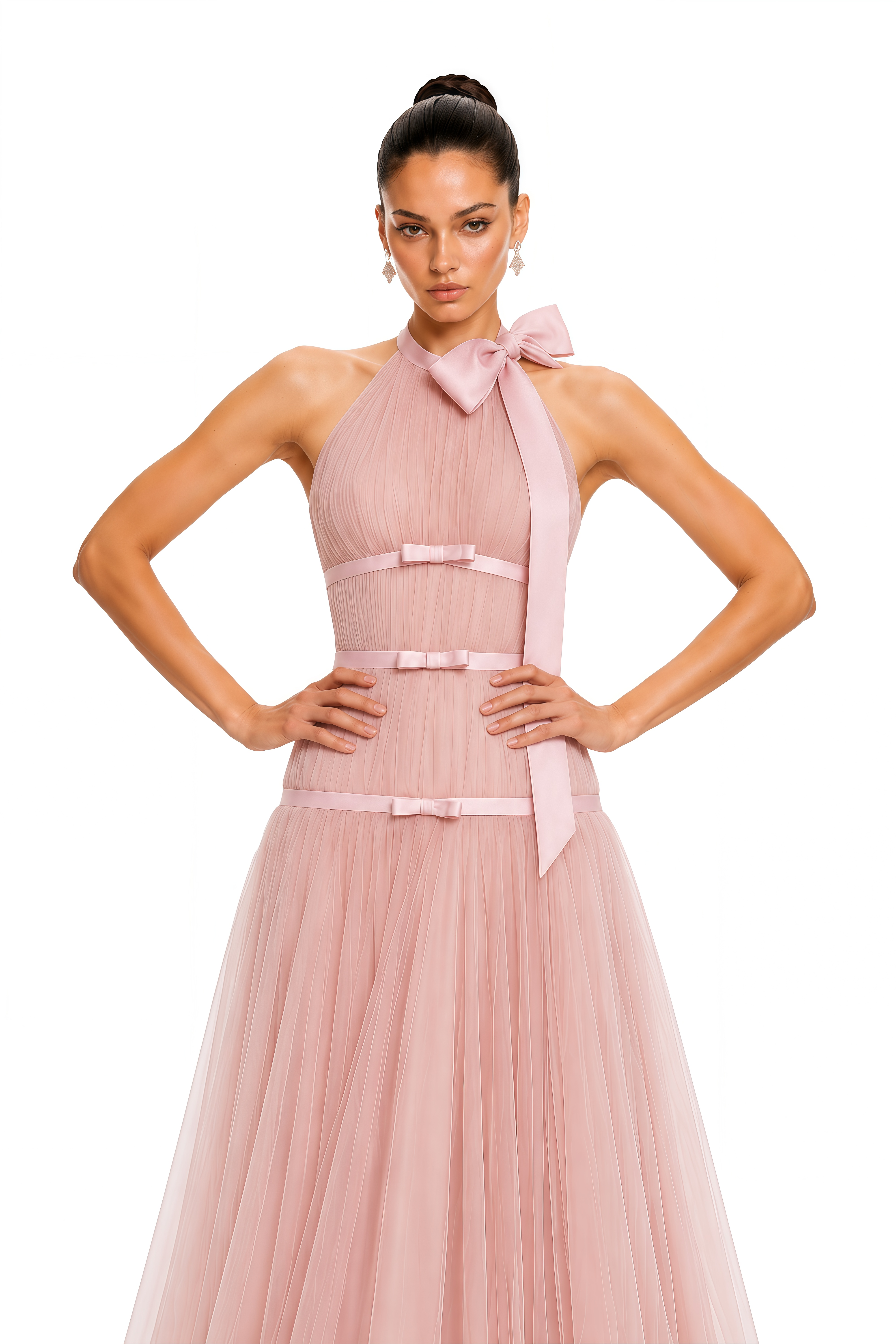 Eirlys Pink Bow Halterneck Pleated Maxi Dress