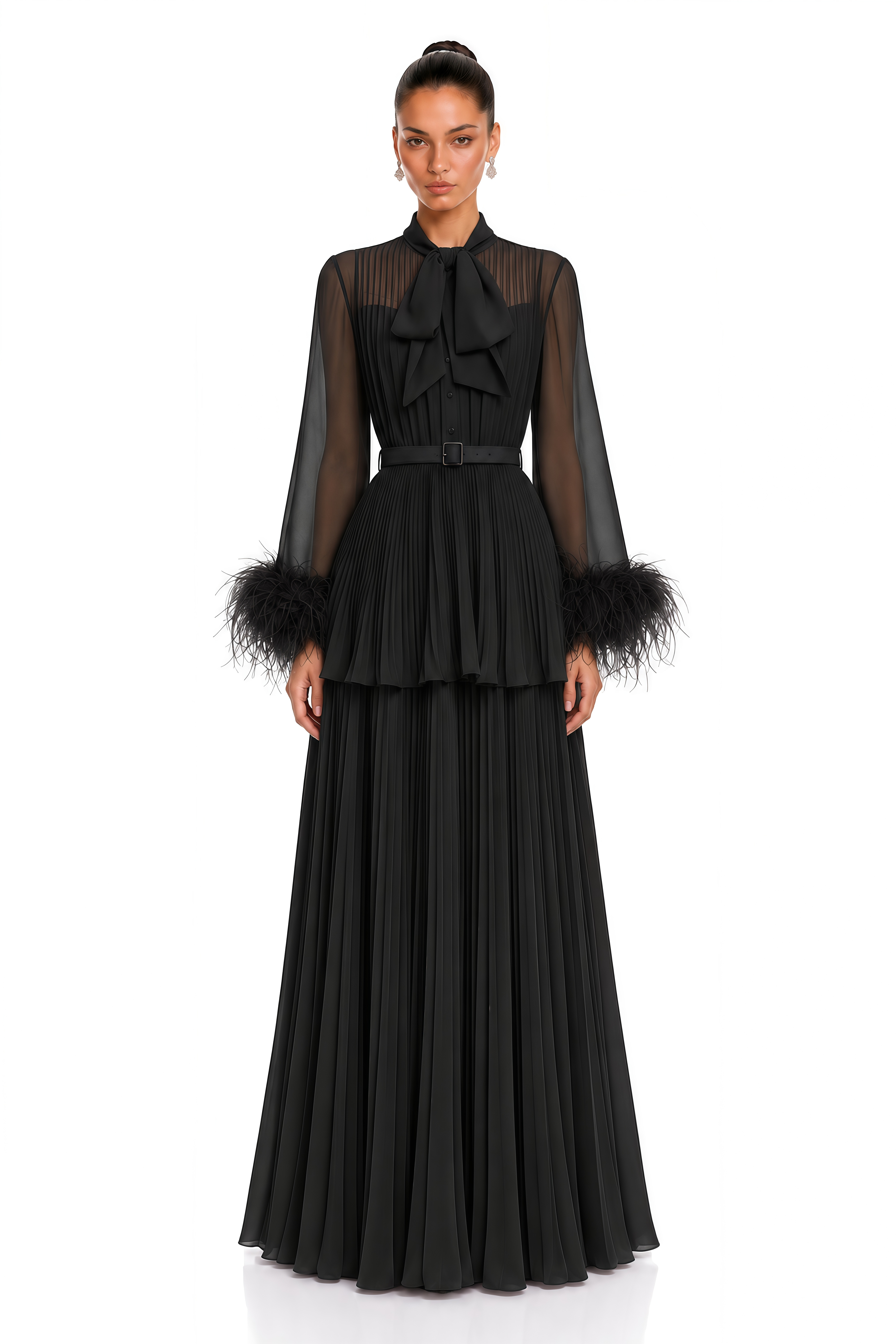 Eirwen Black Feather Trim Blouse & Pleated Maxi Dress Set