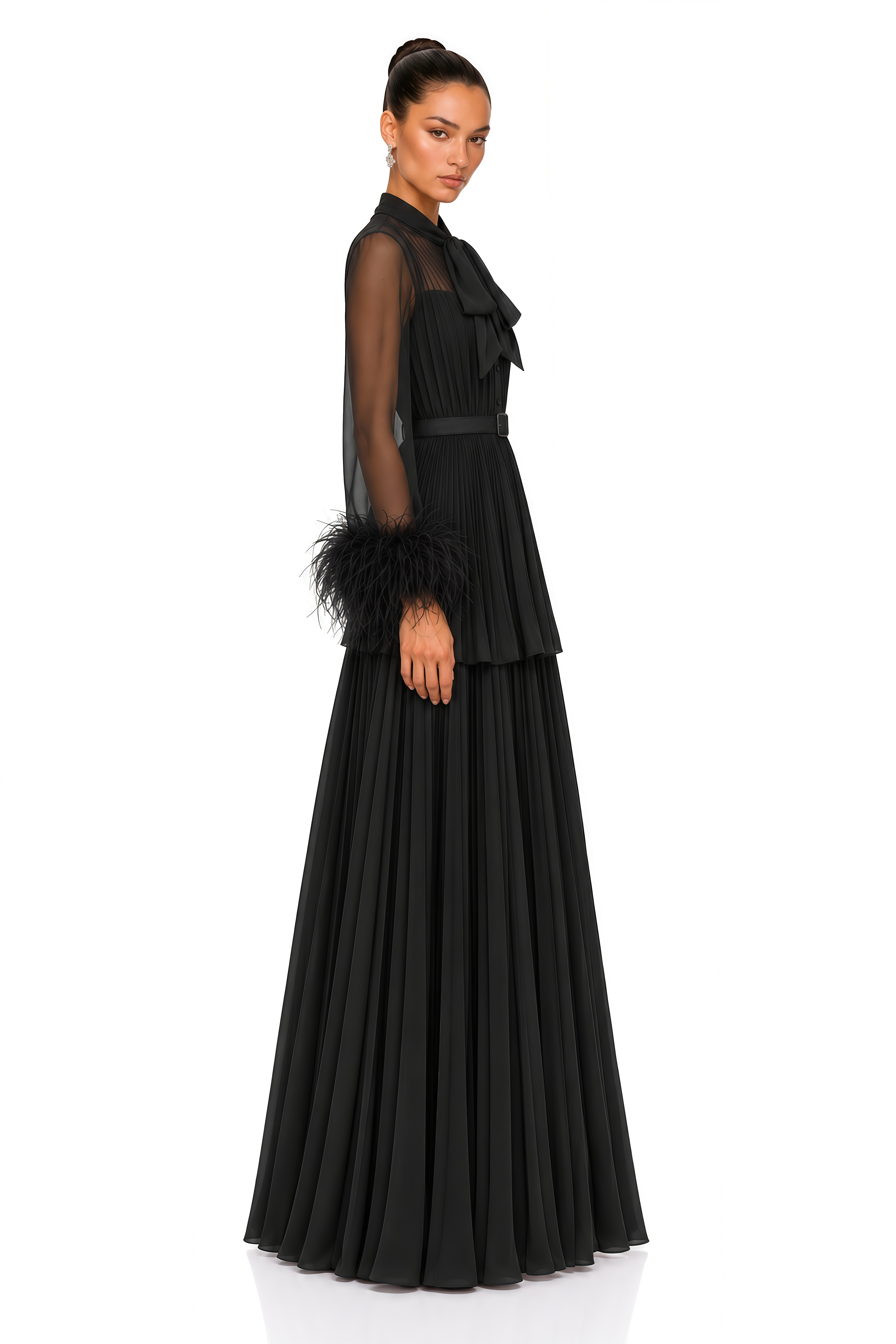 Eirwen Black Feather Trim Blouse & Pleated Maxi Dress Set