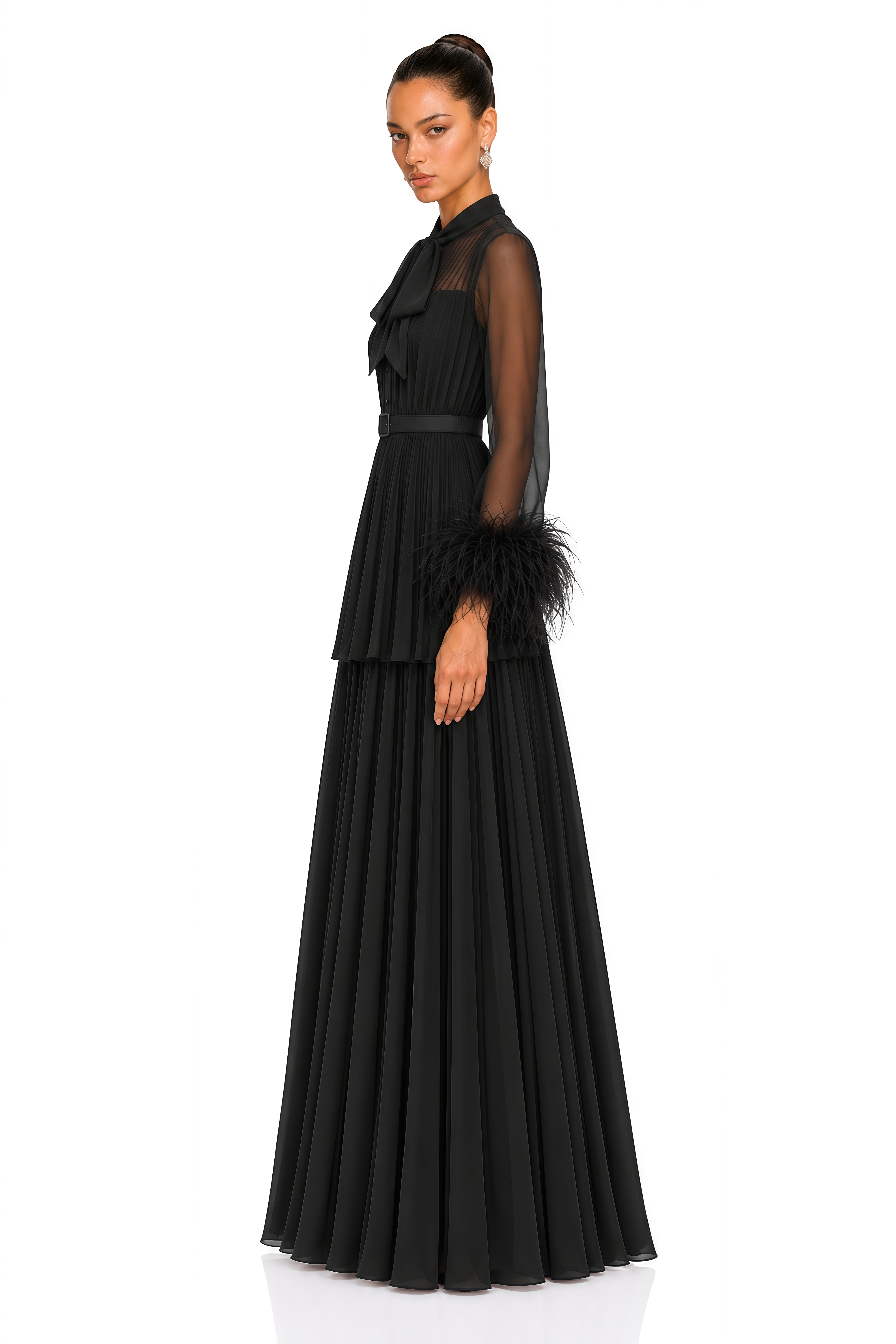 Eirwen Black Feather Trim Blouse & Pleated Maxi Dress Set