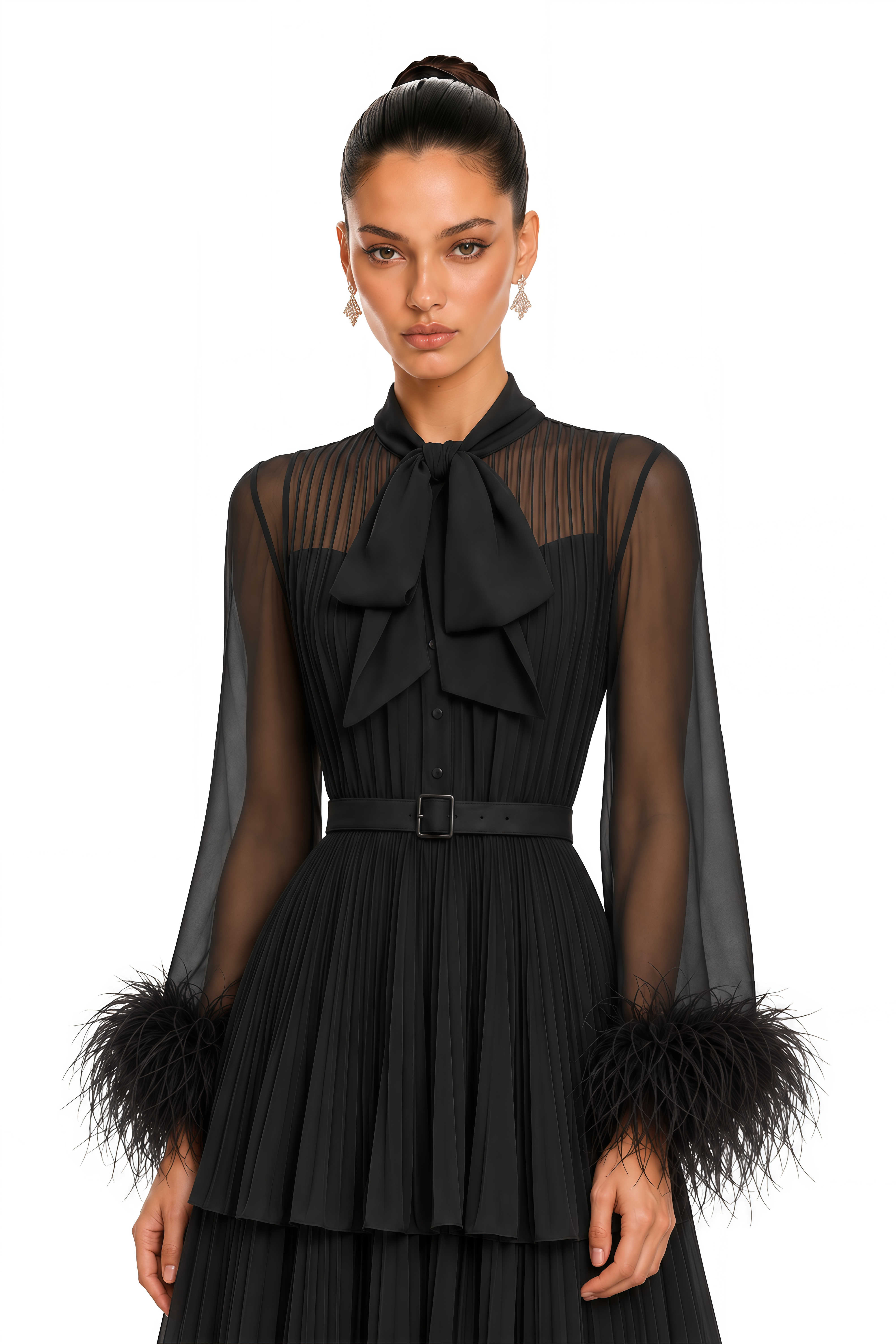 Eirwen Black Feather Trim Blouse & Pleated Maxi Dress Set