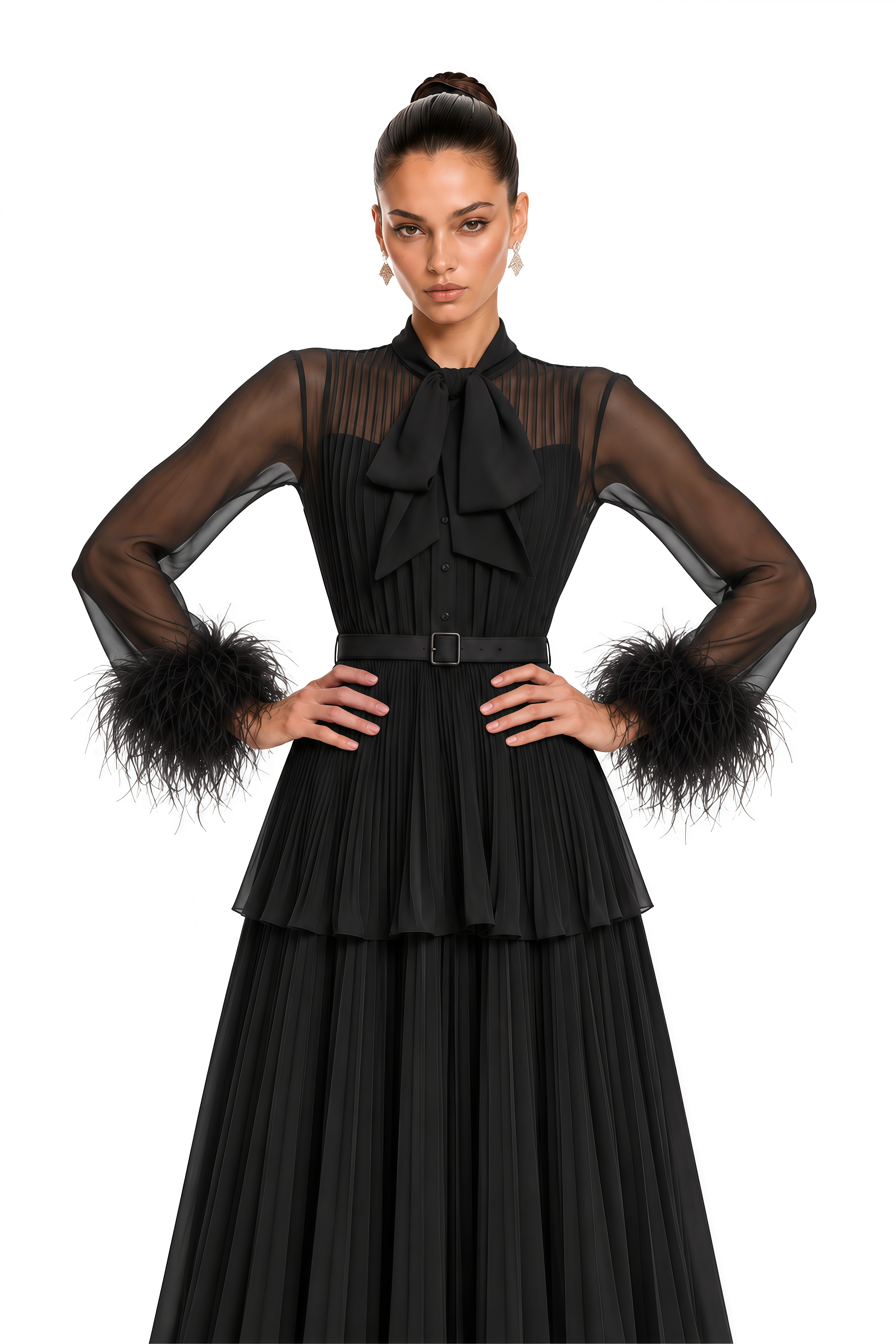 Eirwen Black Feather Trim Blouse & Pleated Maxi Dress Set