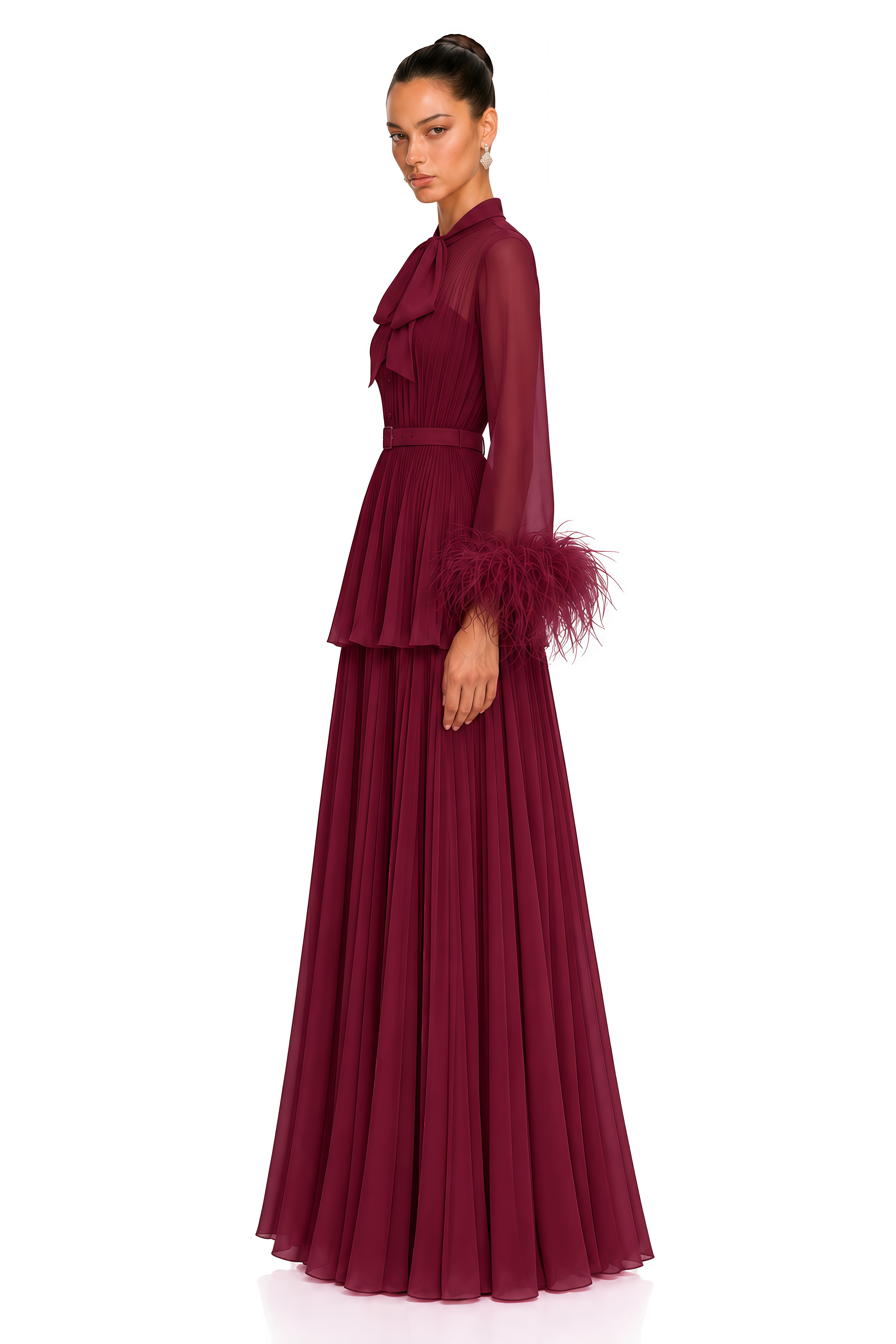 Eirwen Burgundy Feather Trim Blouse & Pleated Maxi Dress Set