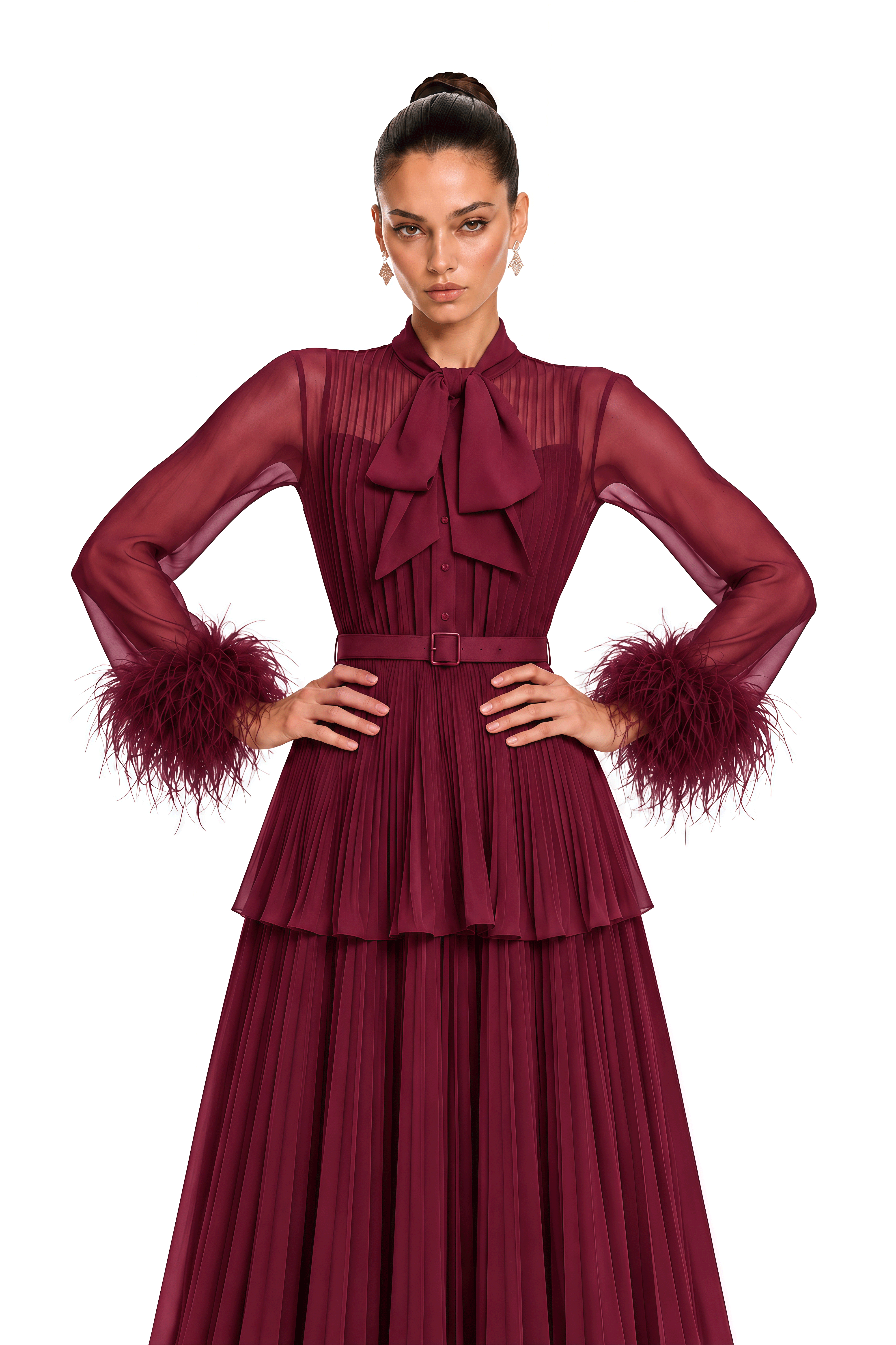 Eirwen Burgundy Feather Trim Blouse & Pleated Maxi Dress Set