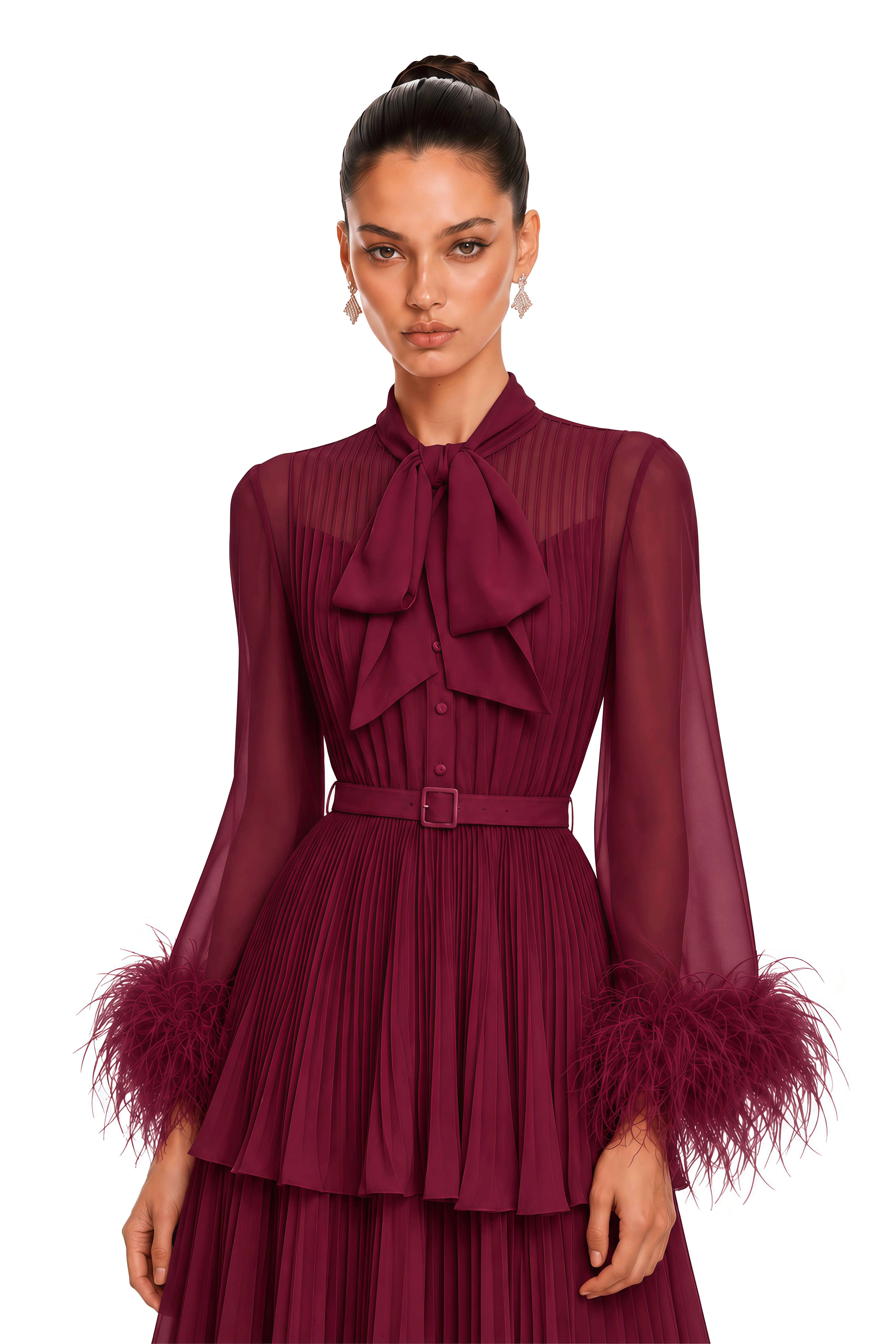 Eirwen Burgundy Feather Trim Blouse & Pleated Maxi Dress Set
