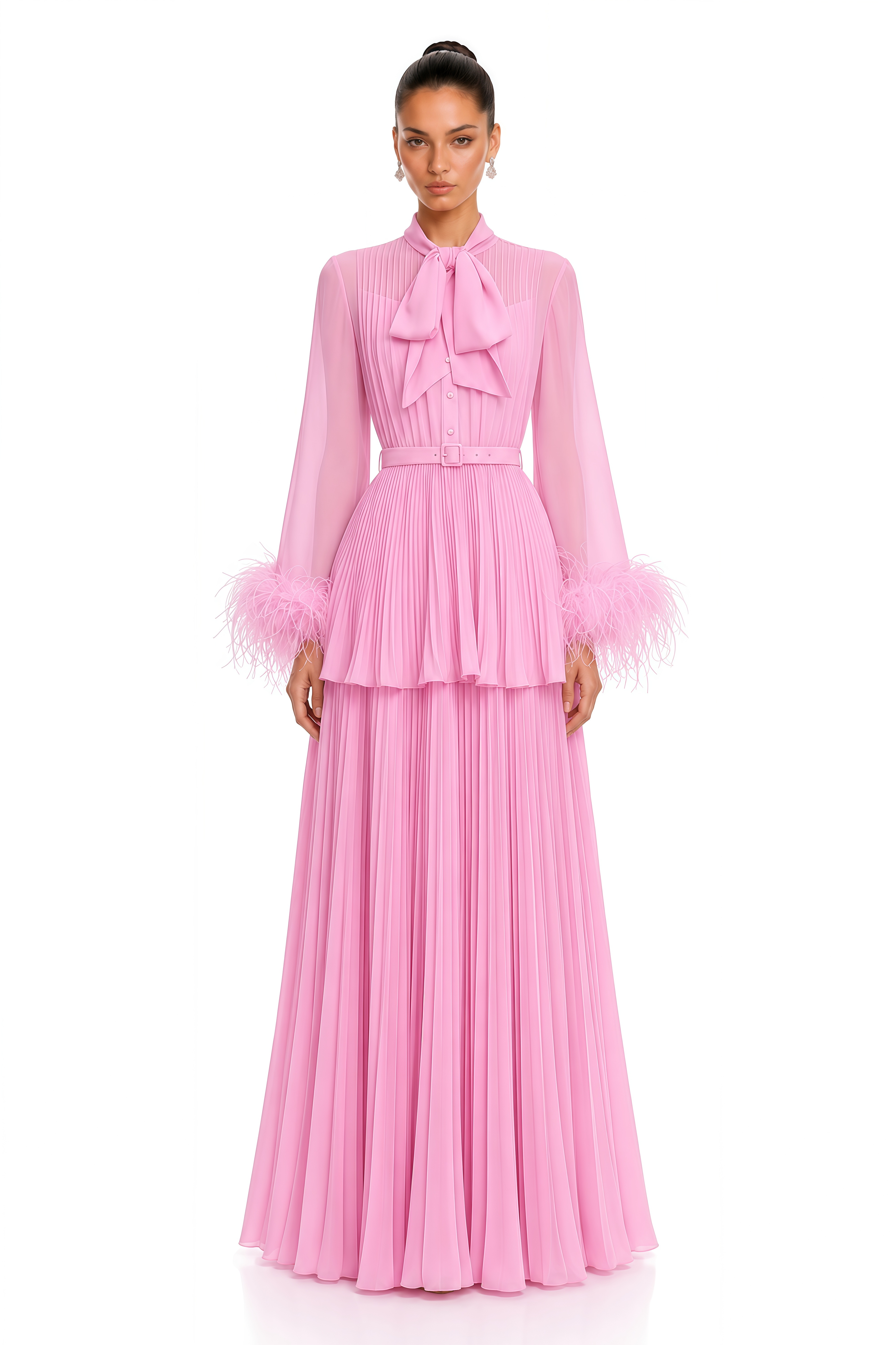 Eirwen Pink Feather Trim Blouse & Pleated Maxi Dress Set