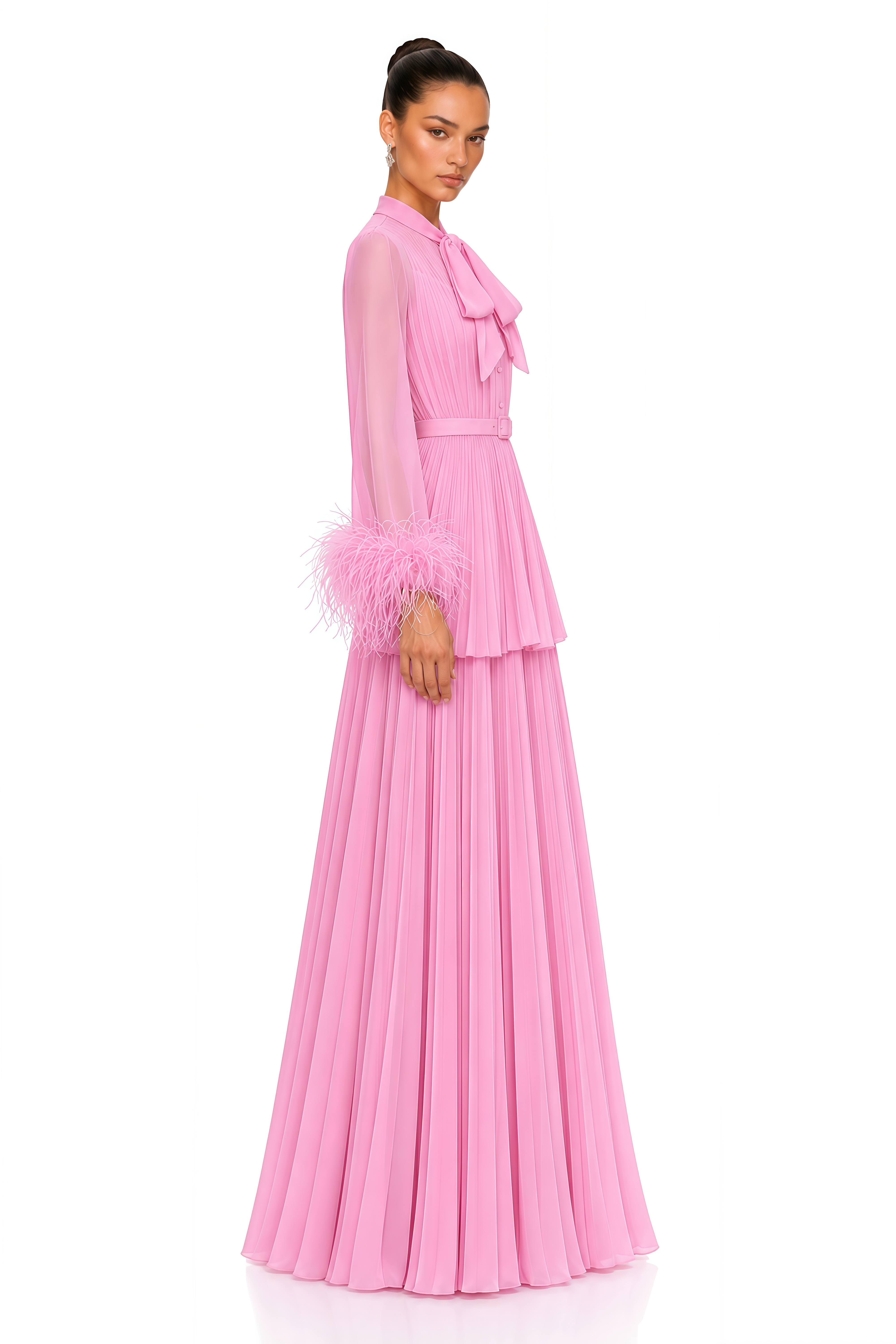 Eirwen Pink Feather Trim Blouse & Pleated Maxi Dress Set