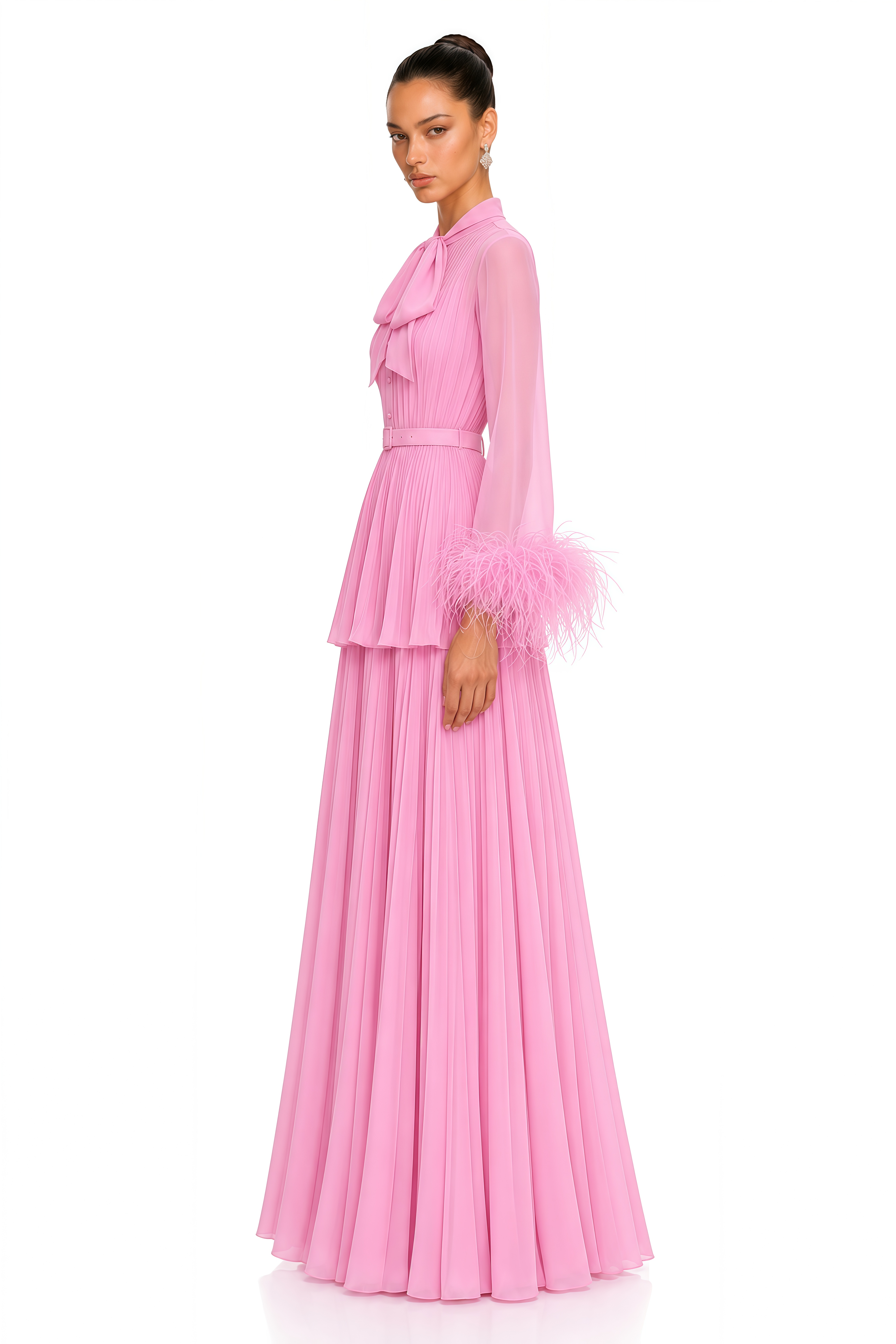 Eirwen Pink Feather Trim Blouse & Pleated Maxi Dress Set
