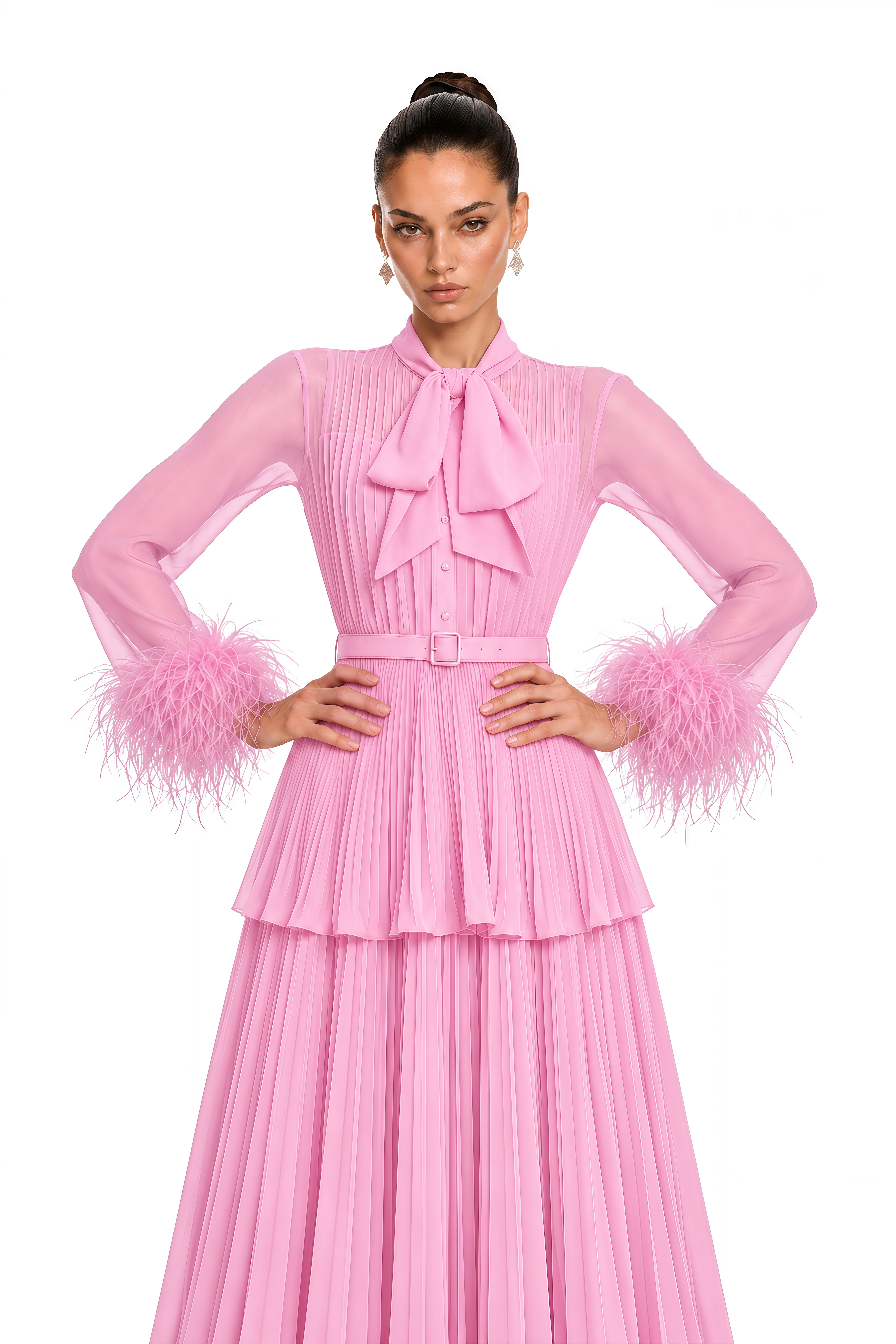 Eirwen Pink Feather Trim Blouse & Pleated Maxi Dress Set