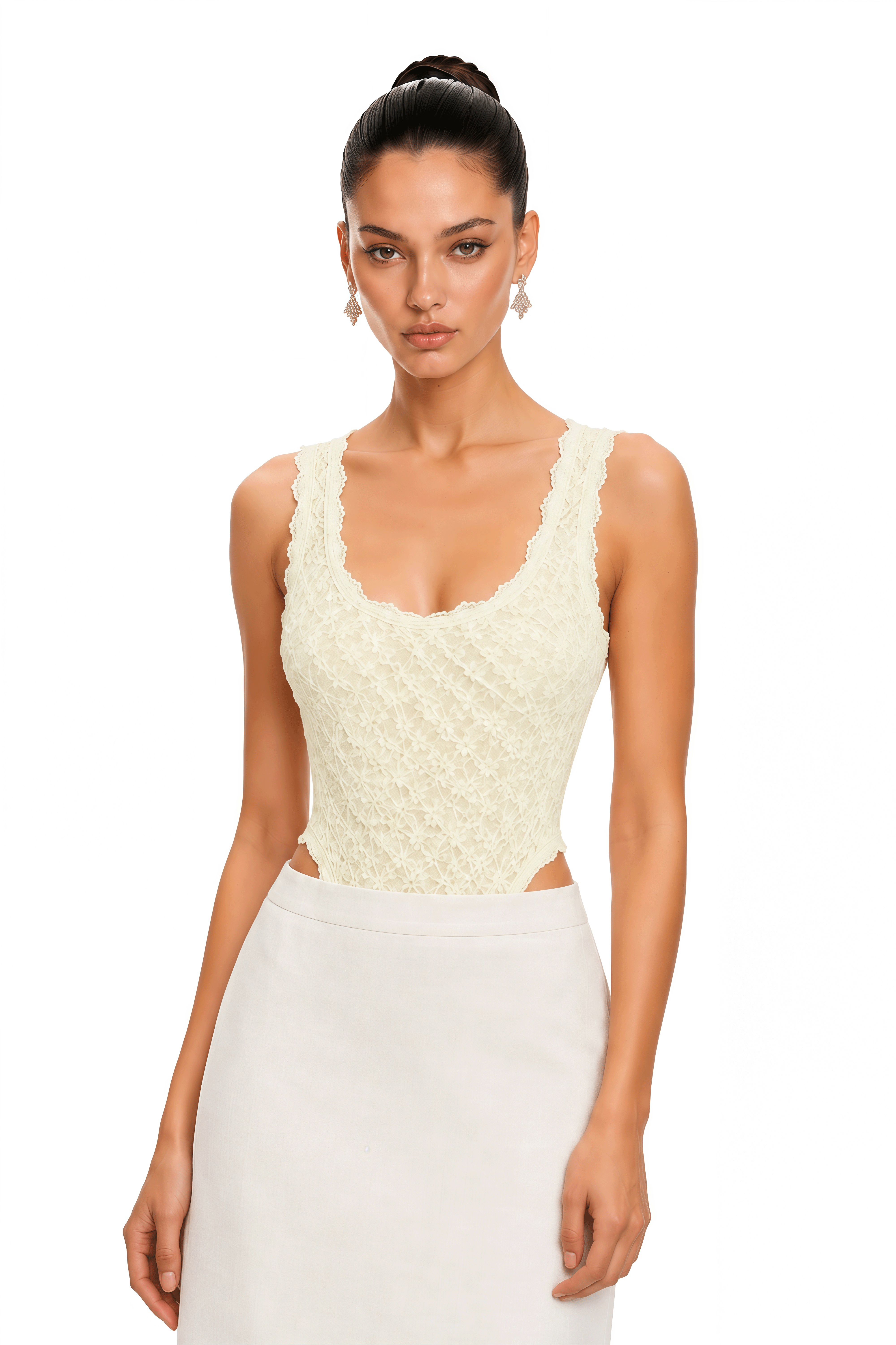Elara Ivory Floral Lace Scoop Neck Bodysuit