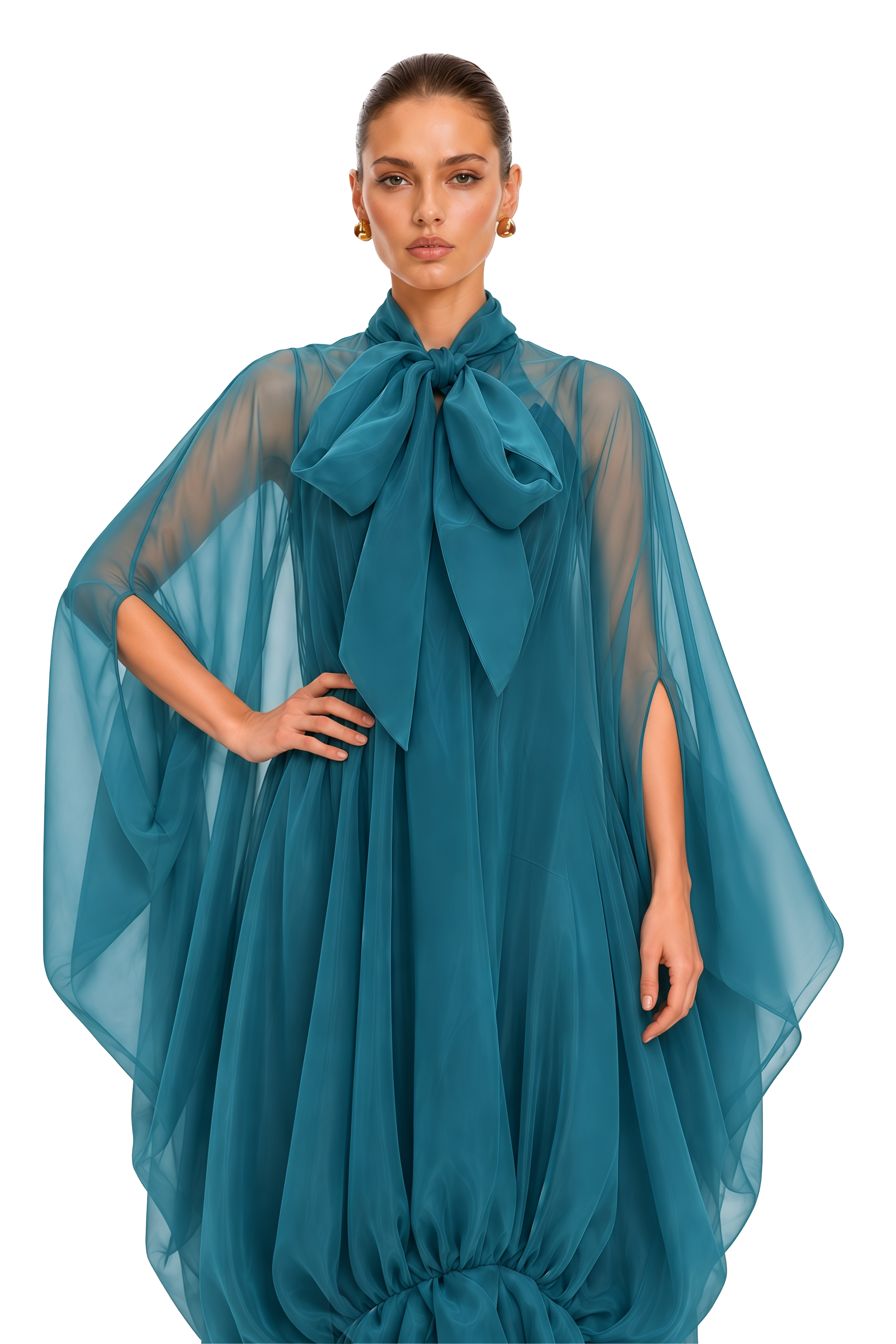 Elara Teal Bow Neck Sheer Tiered Maxi Dress