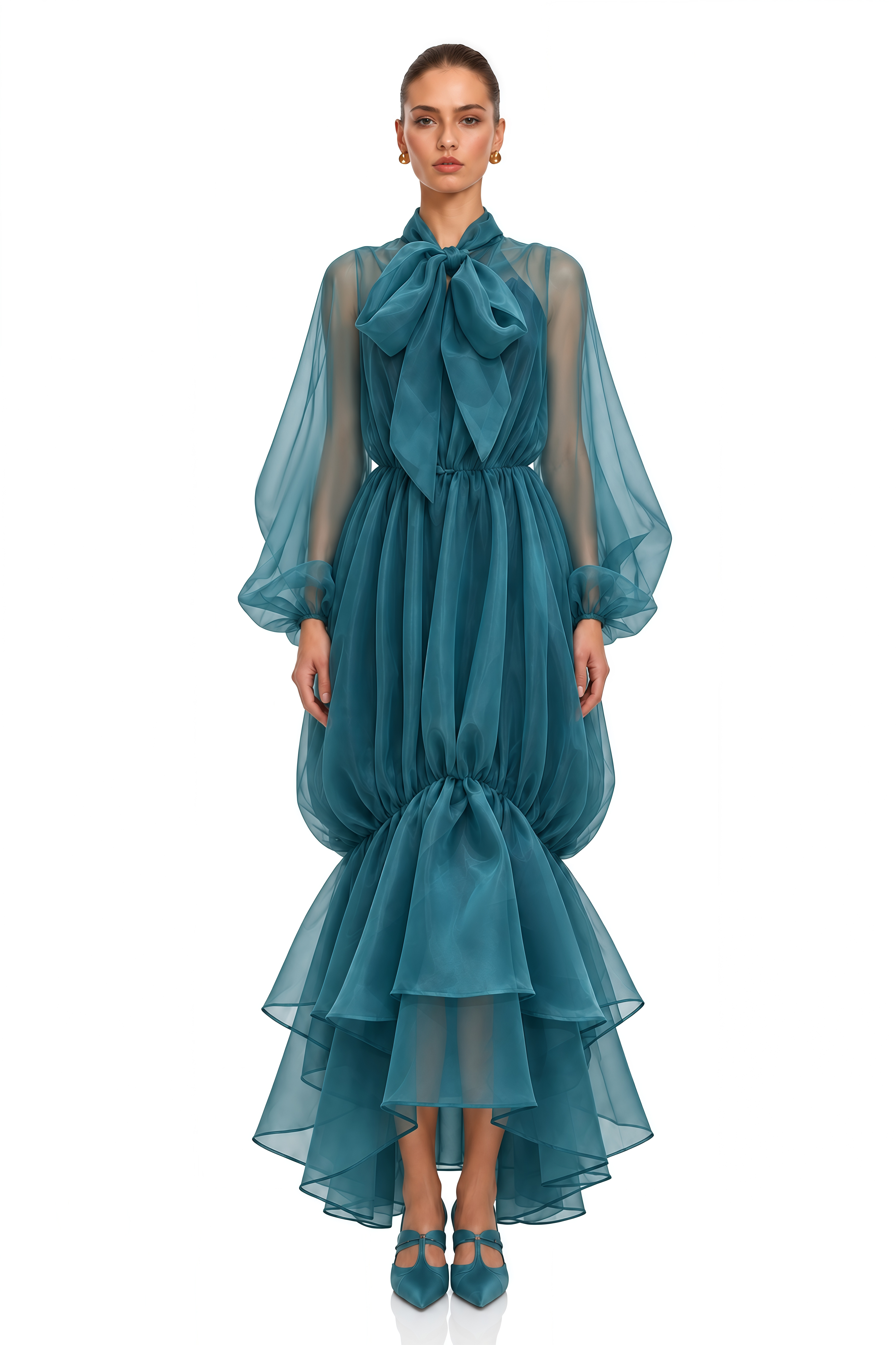 Elara Teal Bow Neck Sheer Tiered Maxi Dress