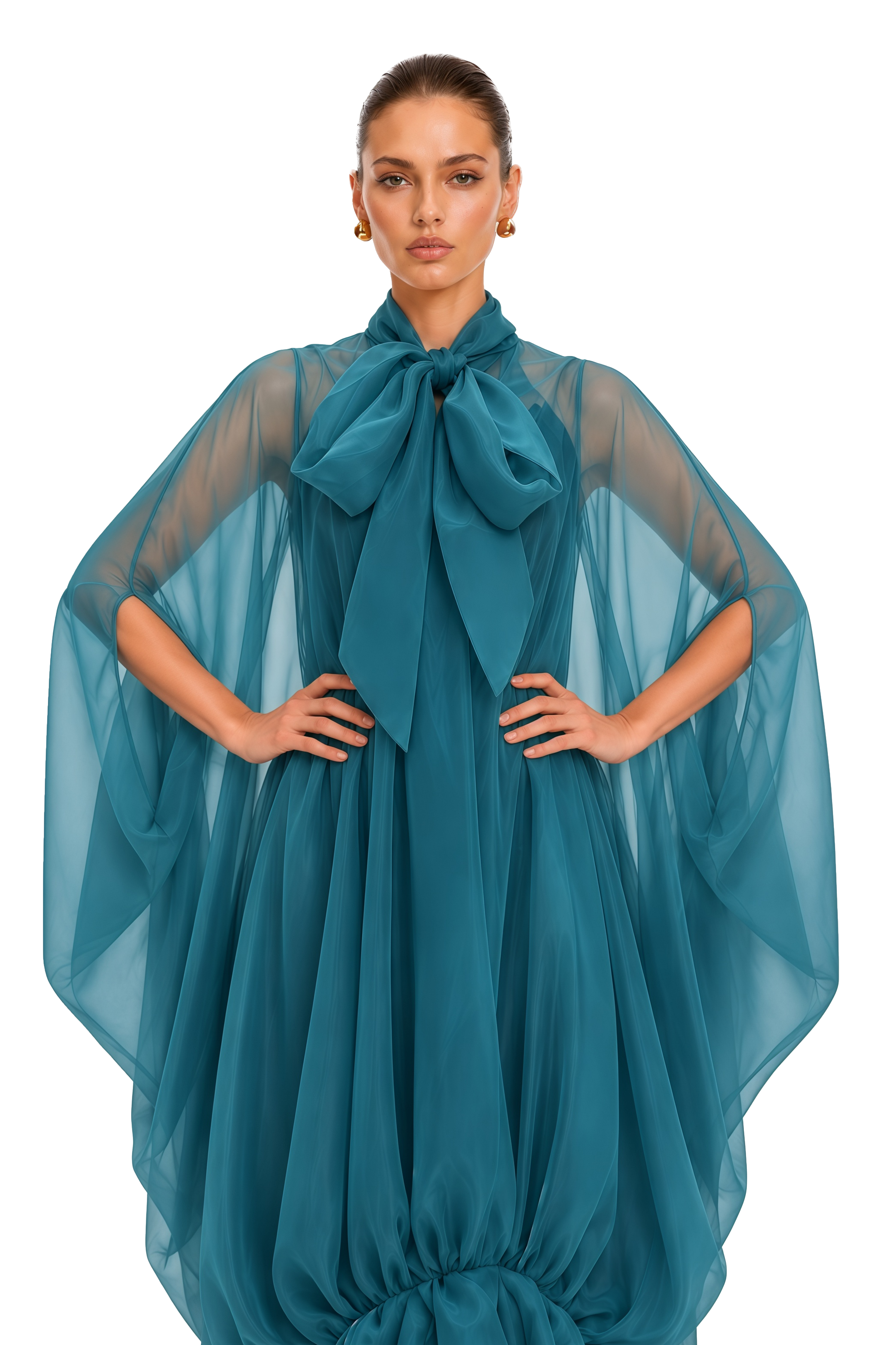 Elara Teal Bow Neck Sheer Tiered Maxi Dress